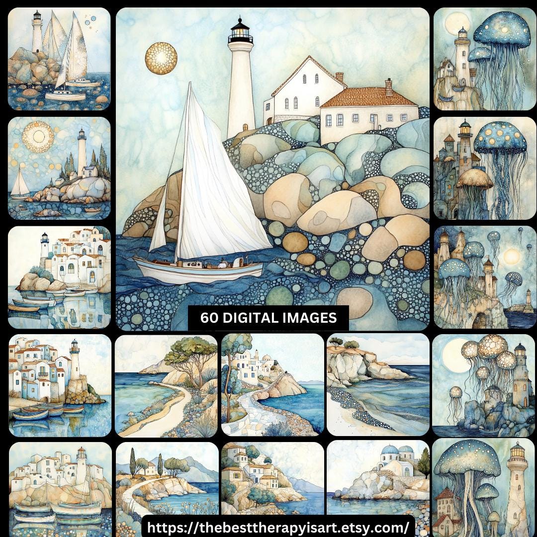 60 digital images pastel blue cream abstract ocean sailboat lighthouse underwater scene surrealism large quest art poster