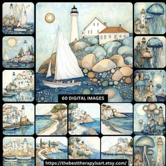 60 digital images pastel blue cream abstract ocean sailboat lighthouse underwater scene surrealism large quest art poster