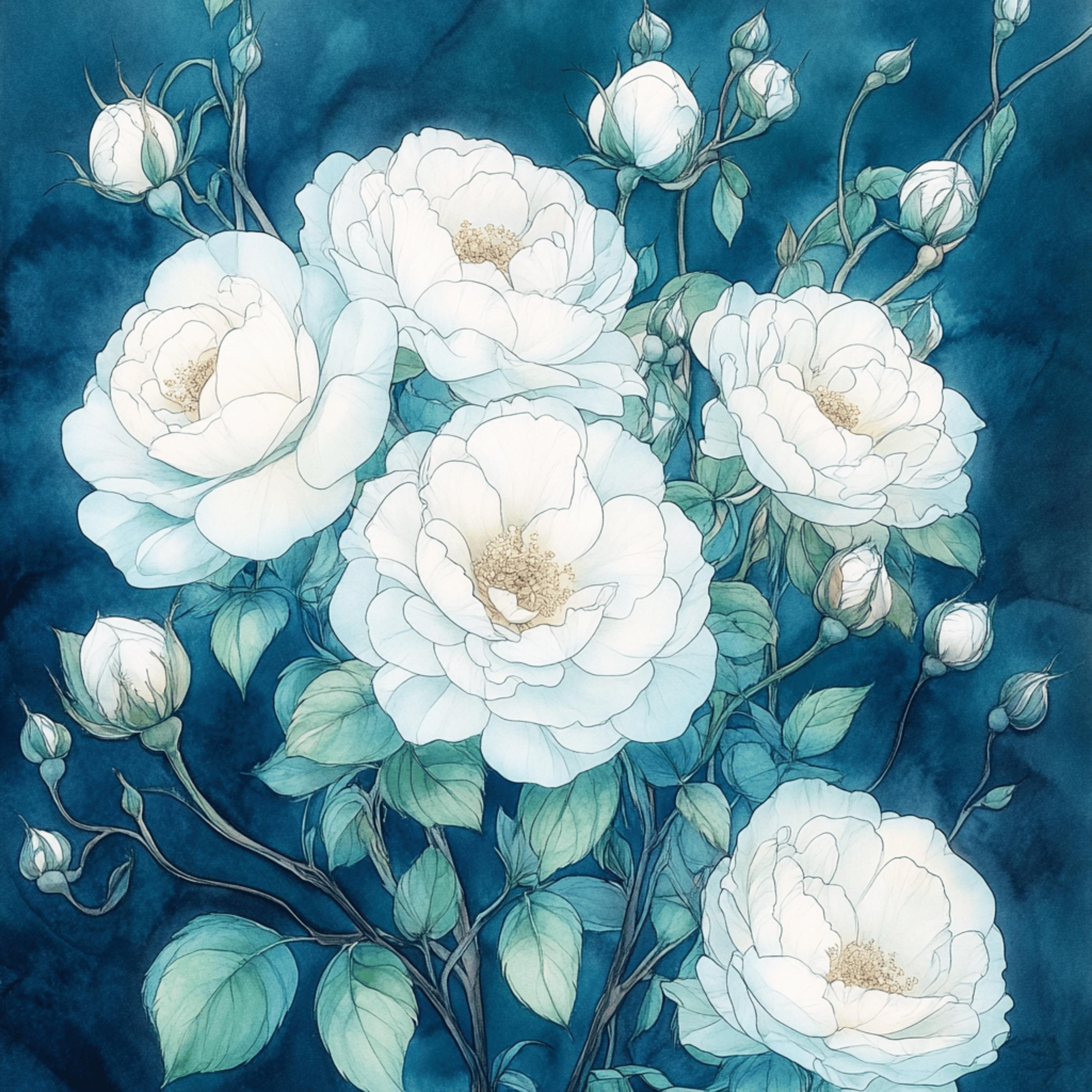 12 Large Square Boho Artwork, White Blue Flower Digital Images, Set of 12, Floral Wall Art, Botanical Print, Home Decor