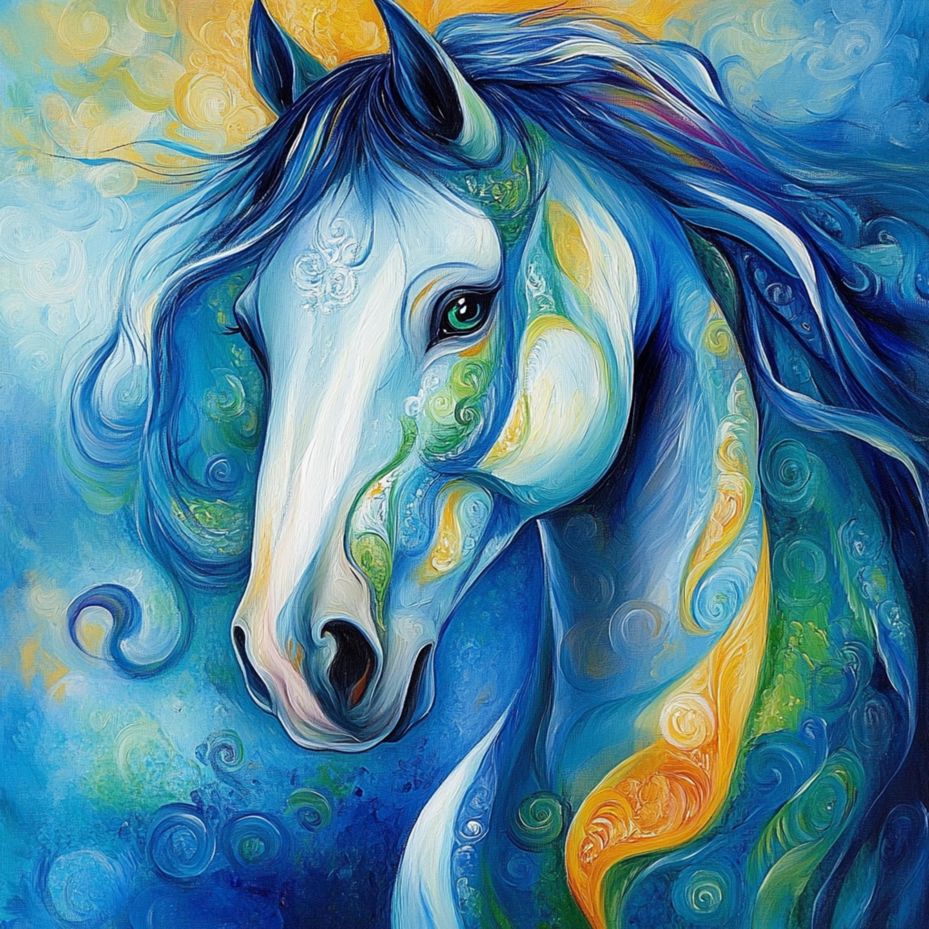 40 Whimsical Horse Equestrian Poster, Large Square Artwork, 40 Digital Images Bundle, Colorful Horse Wall Art, Unique Gift