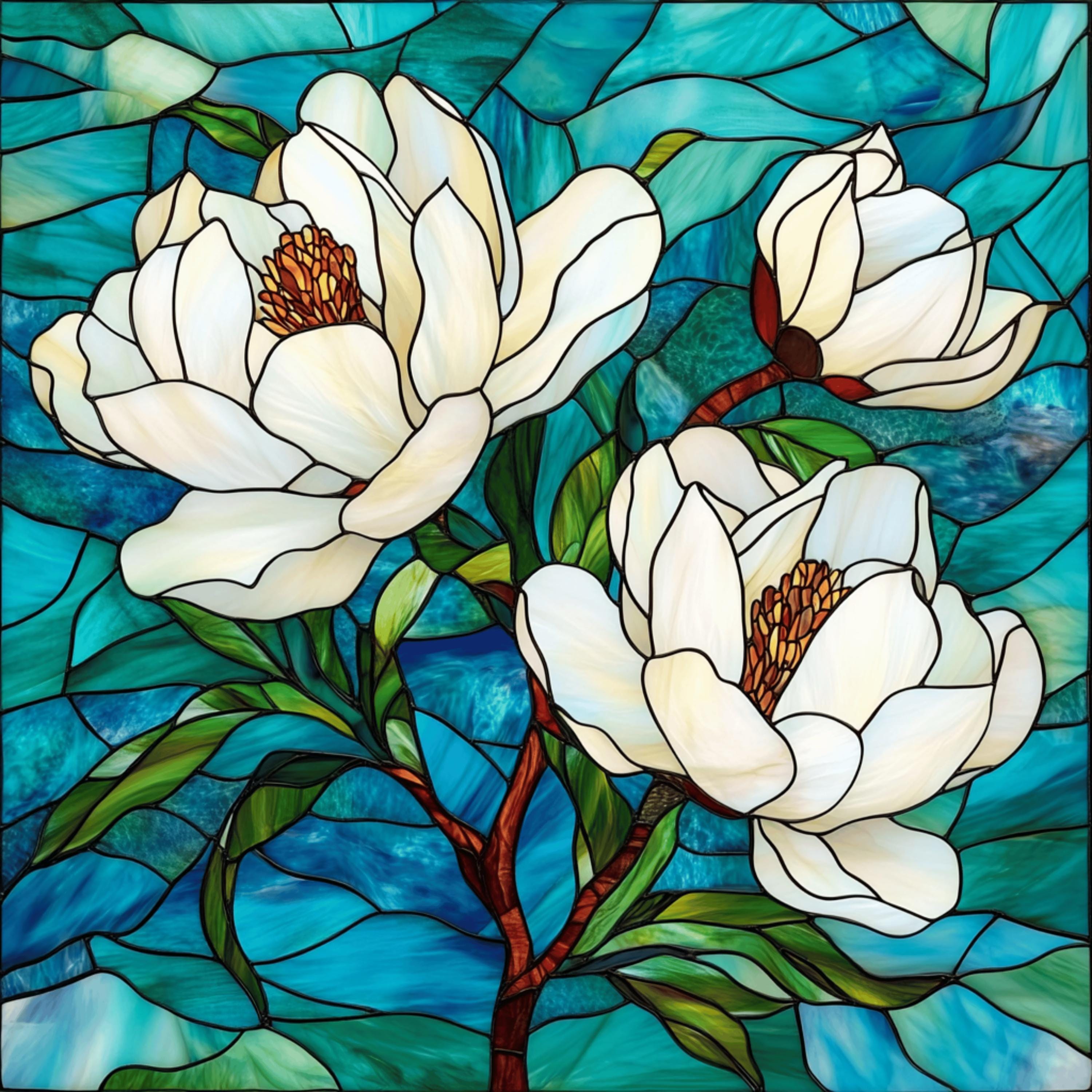 15 digital images, white magnolia flower in blue stained glass large square artwork poster set garden decor wall art floral print