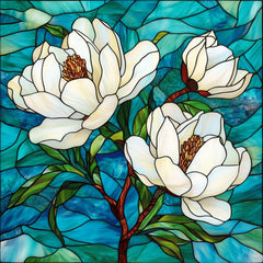 15 digital images, white magnolia flower in blue stained glass large square artwork poster set garden decor wall art floral print