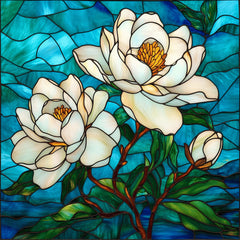 15 digital images, white magnolia flower in blue stained glass large square artwork poster set garden decor wall art floral print
