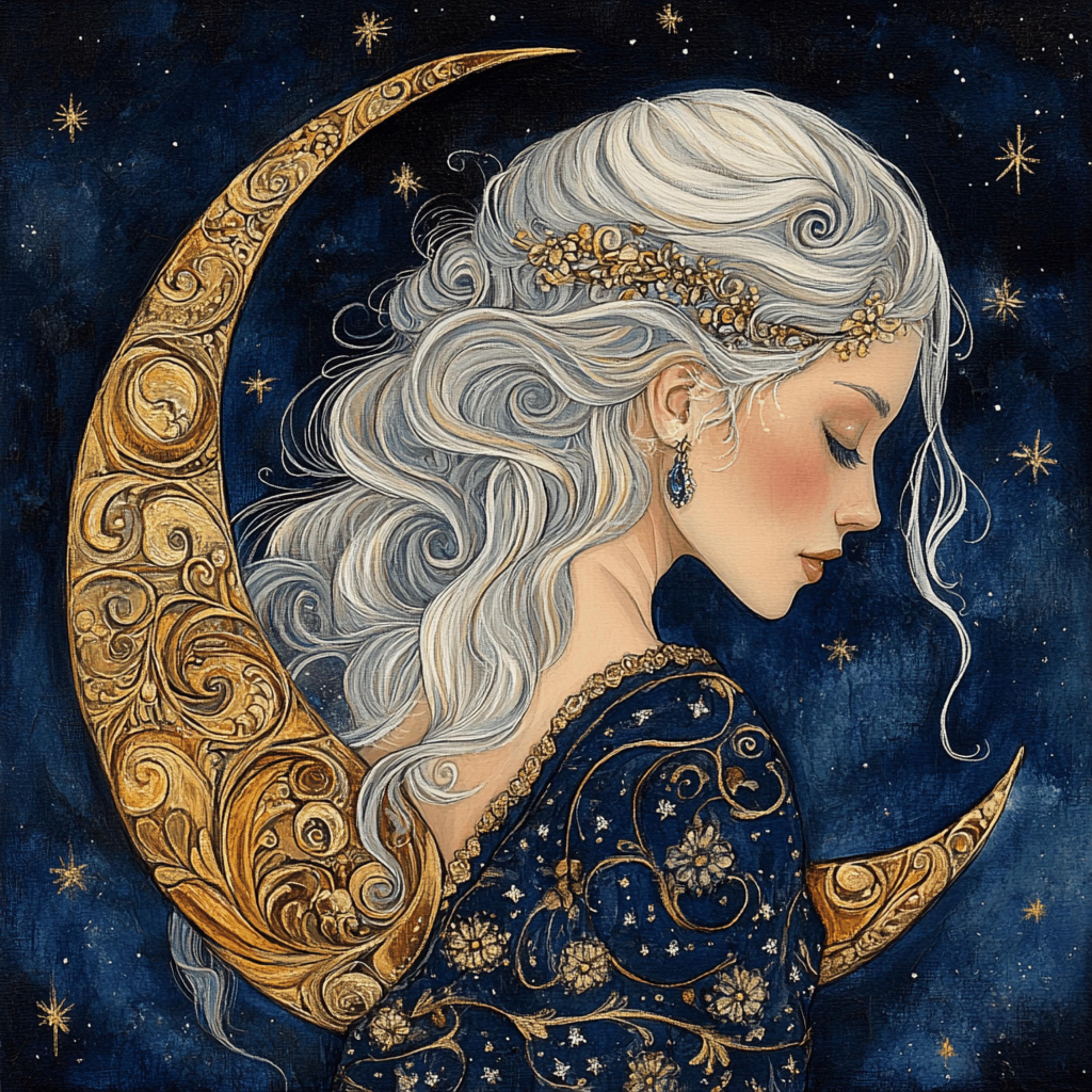 10 Woman Goddess Blue Celestial Crescent Moon Art, 10 Digital Images Poster, Large Square Artwork, Divine Feminine Wall Art, Home Decor