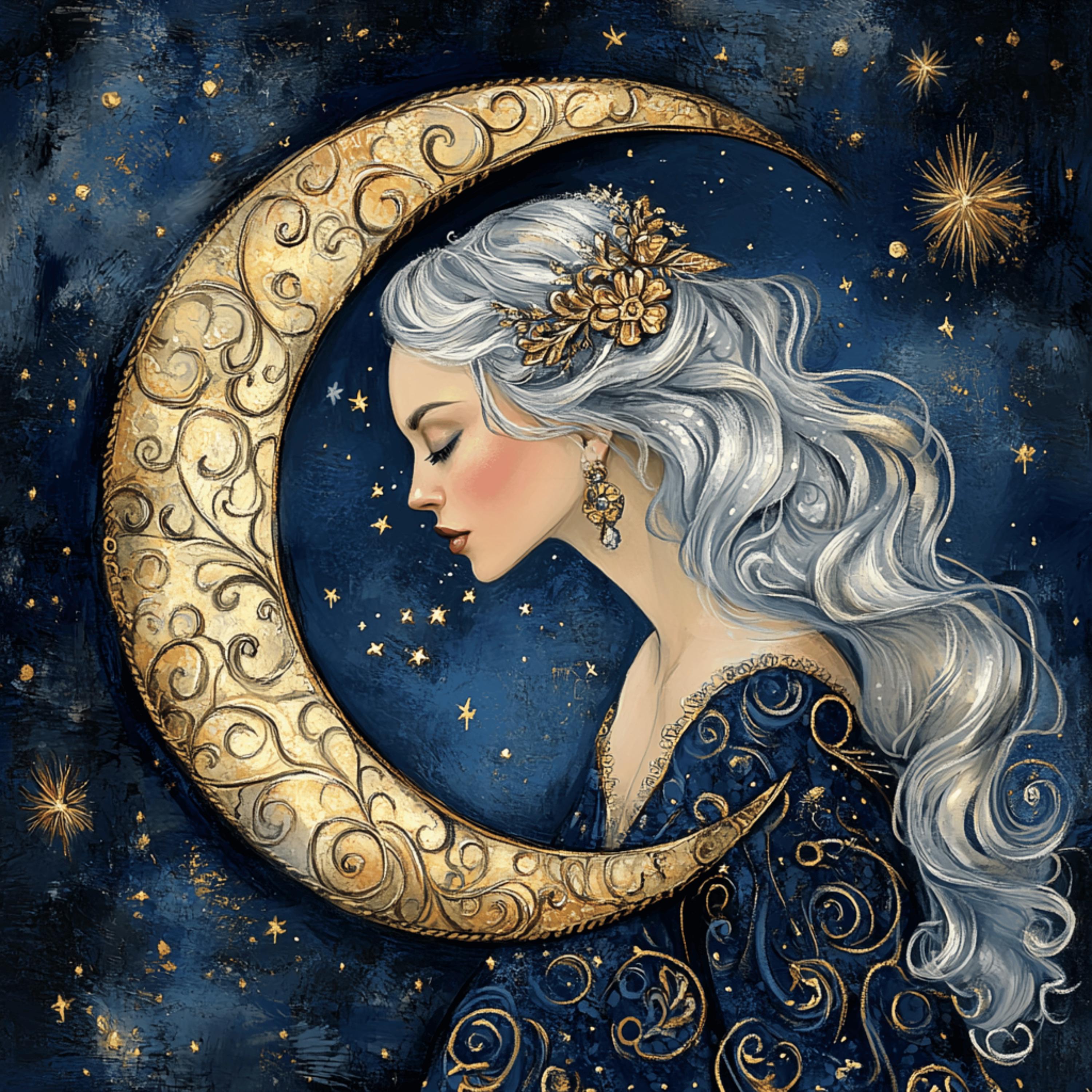10 Woman Goddess Blue Celestial Crescent Moon Art, 10 Digital Images Poster, Large Square Artwork, Divine Feminine Wall Art, Home Decor
