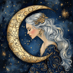 10 Woman Goddess Blue Celestial Crescent Moon Art, 10 Digital Images Poster, Large Square Artwork, Divine Feminine Wall Art, Home Decor