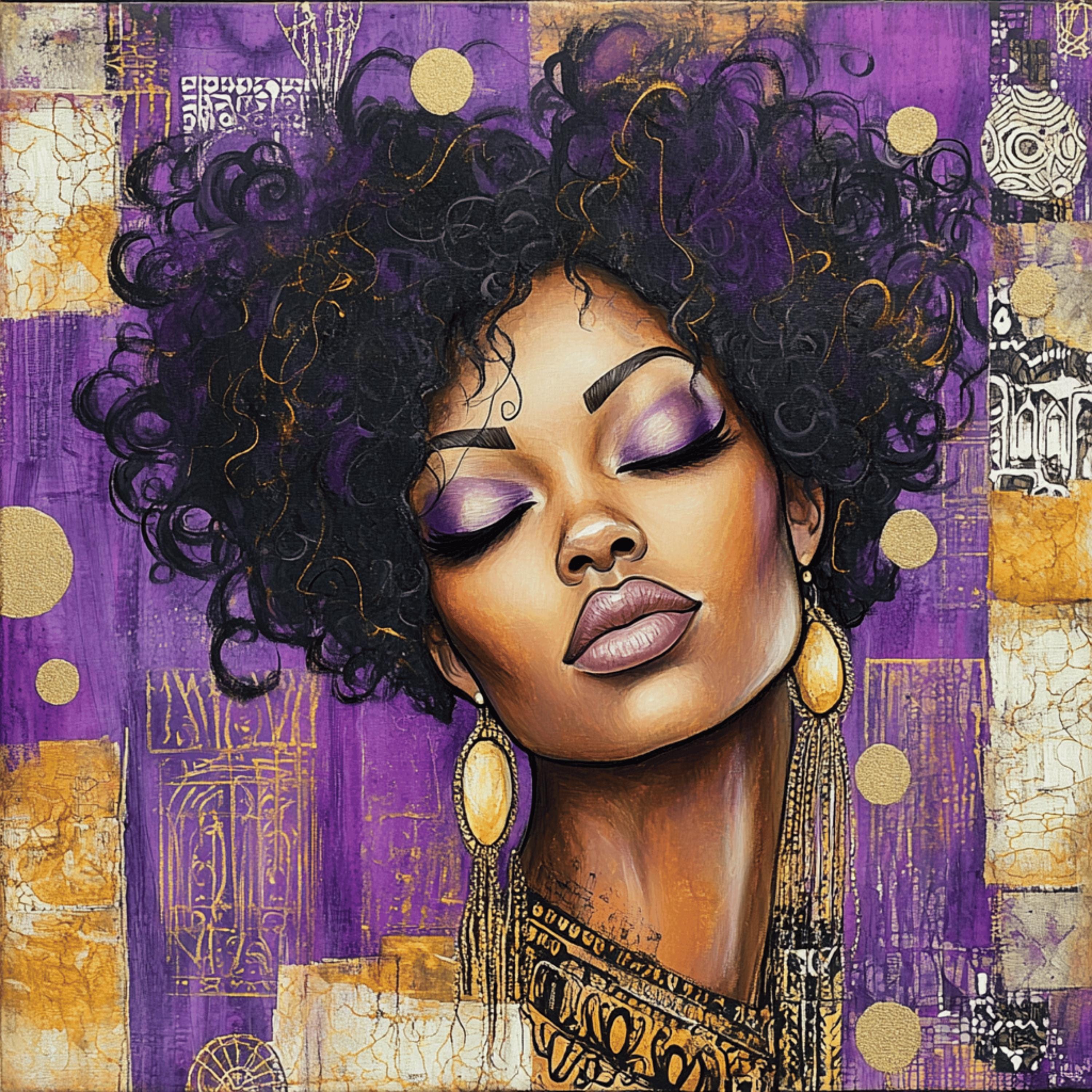 12 Vibrant black woman portrait digital art, Female collage artwork, Square poster, Large purple artistic print, Unique wall decor
