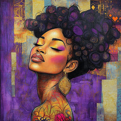 12 Vibrant black woman portrait digital art, Female collage artwork, Square poster, Large purple artistic print, Unique wall decor