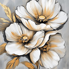 12 White Gold Flowers Wall Art, Large Square Floral Print, Over the Bed Artwork, Digital Download, Modern Home Decor, Bedroom Wall Poster