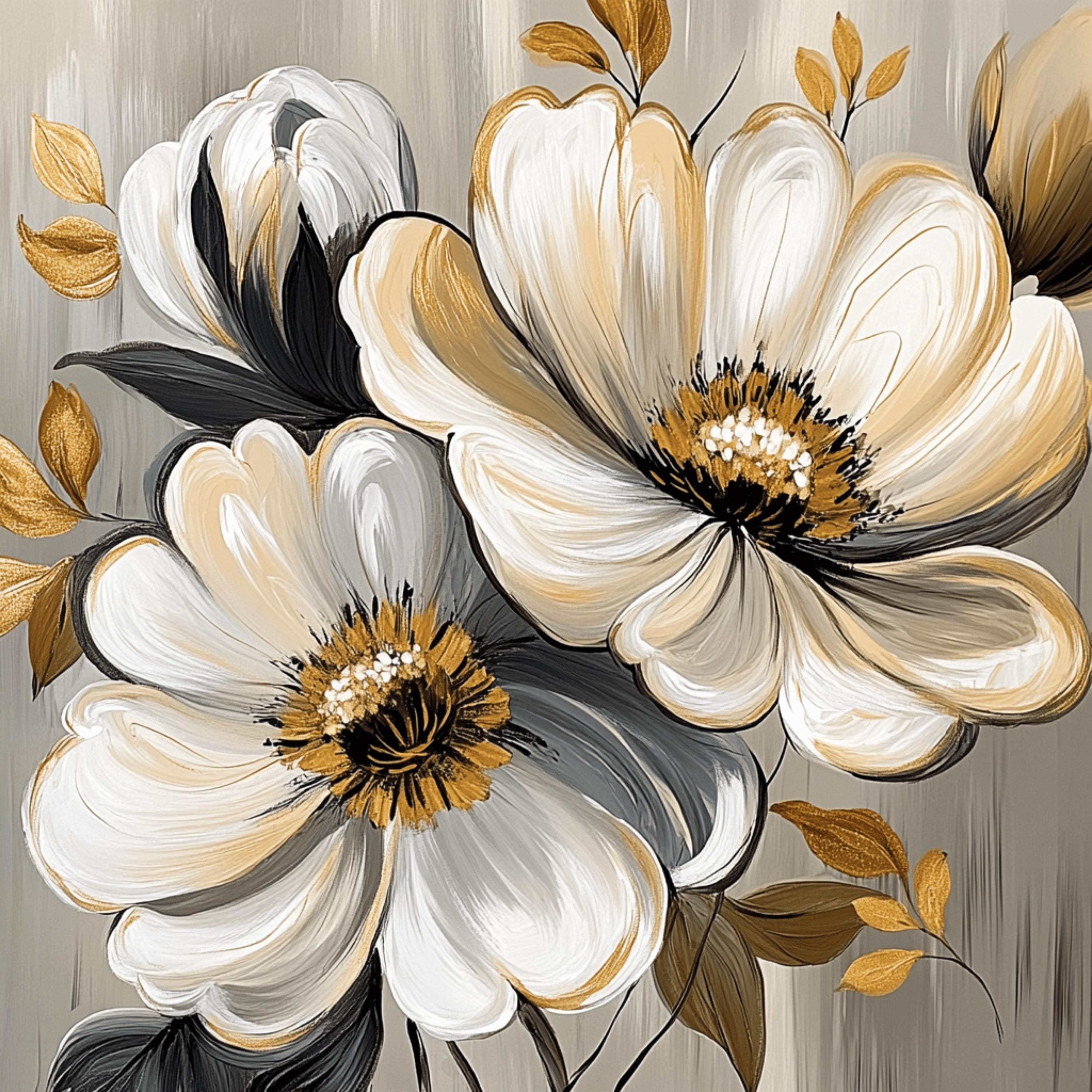 12 White Gold Flowers Wall Art, Large Square Floral Print, Over the Bed Artwork, Digital Download, Modern Home Decor, Bedroom Wall Poster