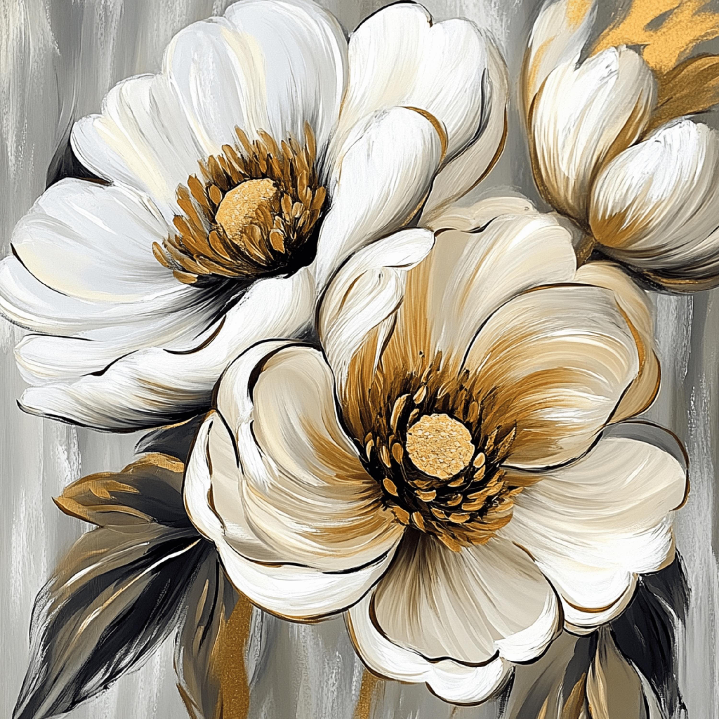 12 White Gold Flowers Wall Art, Large Square Floral Print, Over the Bed Artwork, Digital Download, Modern Home Decor, Bedroom Wall Poster