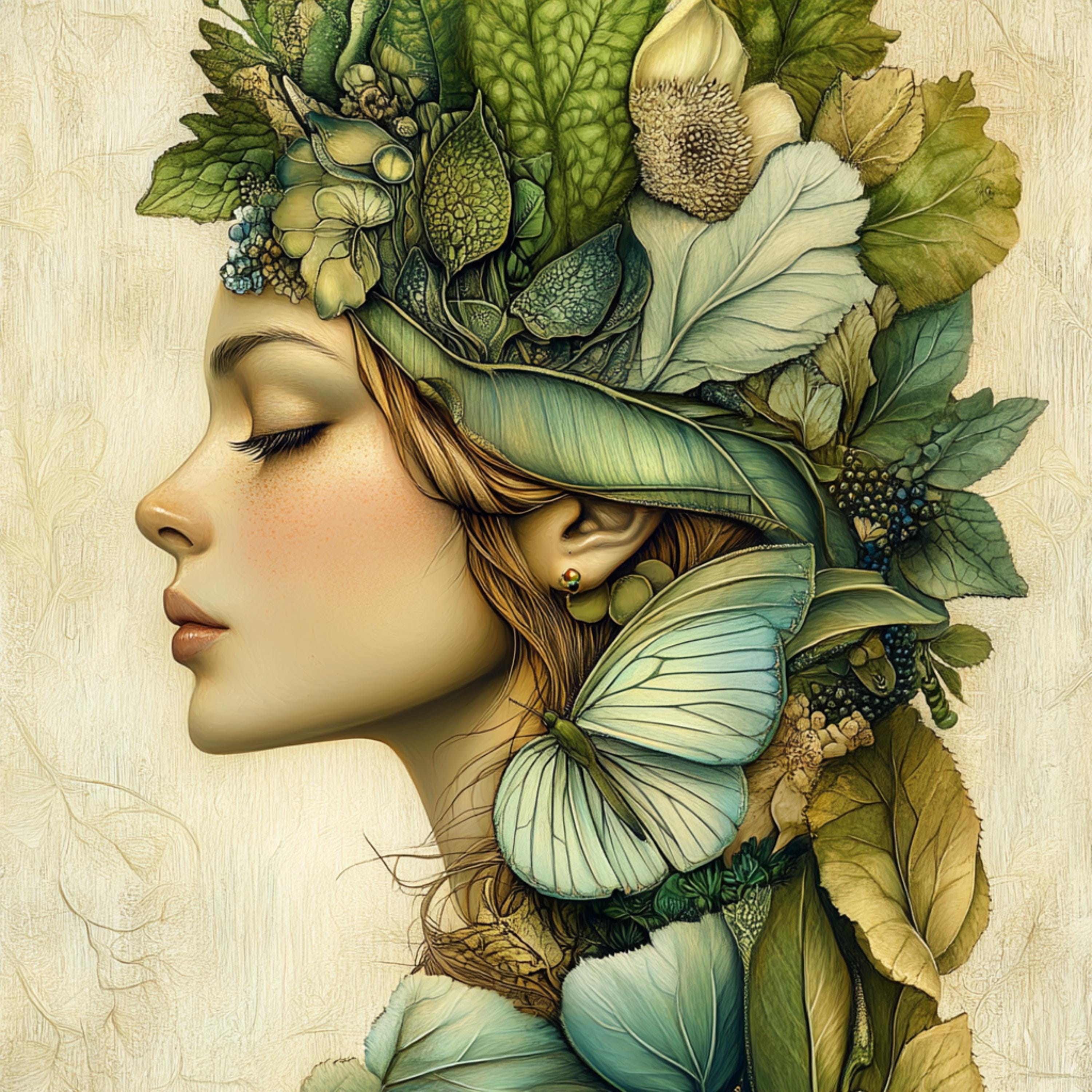 15 Boho female portrait digital art, green artwork collection, large square wall art, 15 digital images set, nature inspired decor