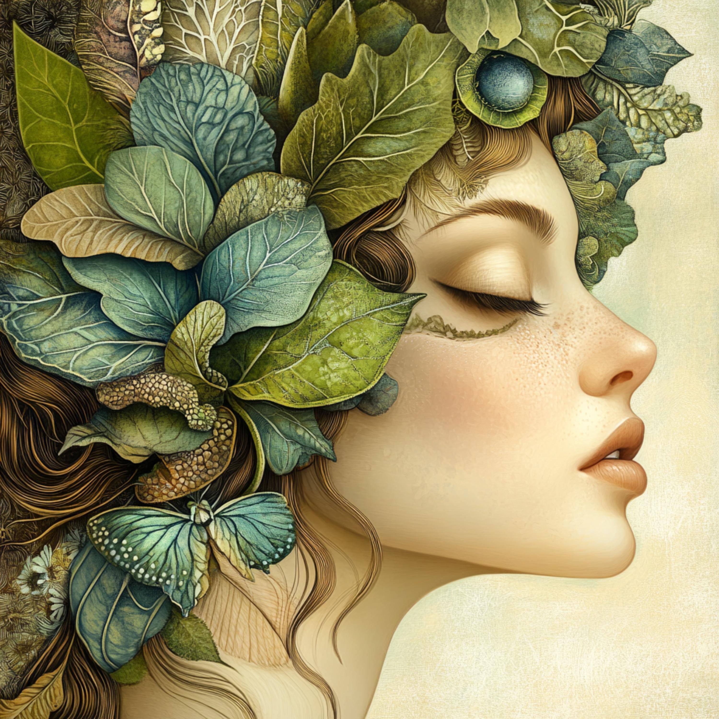 15 Boho female portrait digital art, green artwork collection, large square wall art, 15 digital images set, nature inspired decor