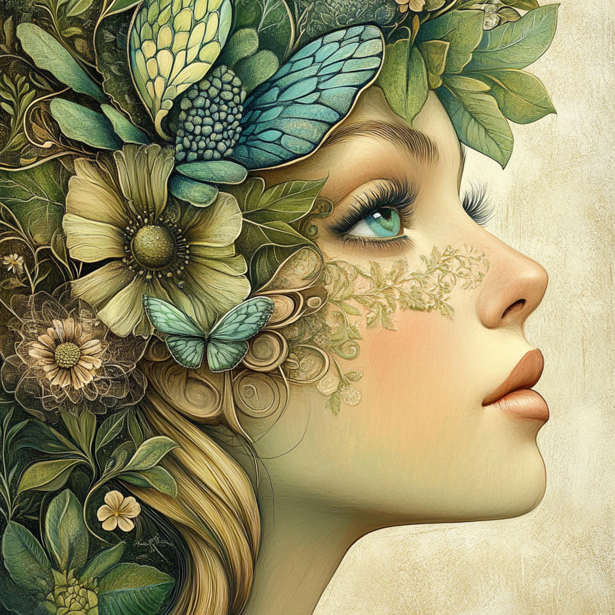 15 Boho female portrait digital art, green artwork collection, large square wall art, 15 digital images set, nature inspired decor