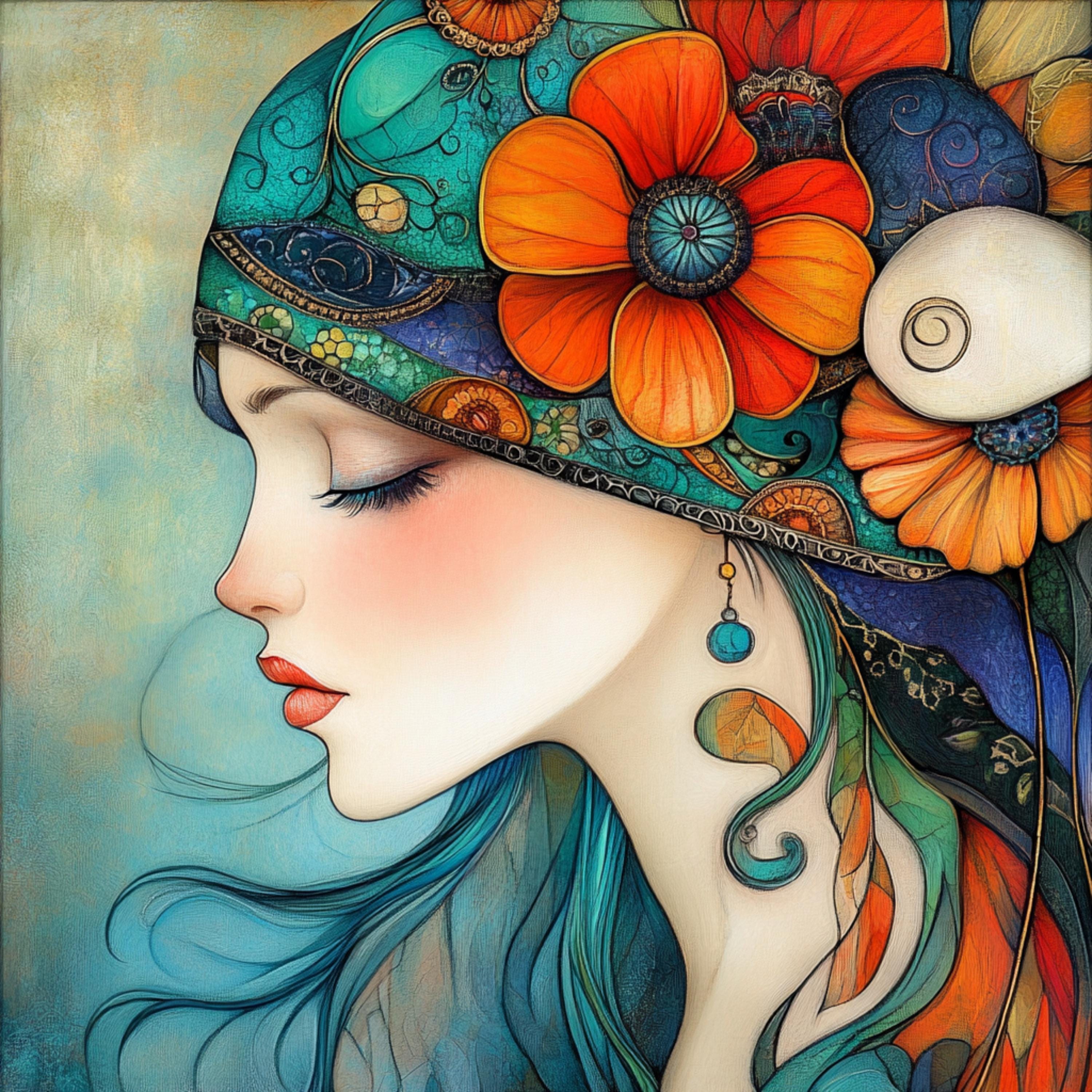 20 Blue Boho Female Portrait Digital Download, 20 Large Square Wall Art Prints, Vibrant Bohemian Woman Art Decor, Instant Download