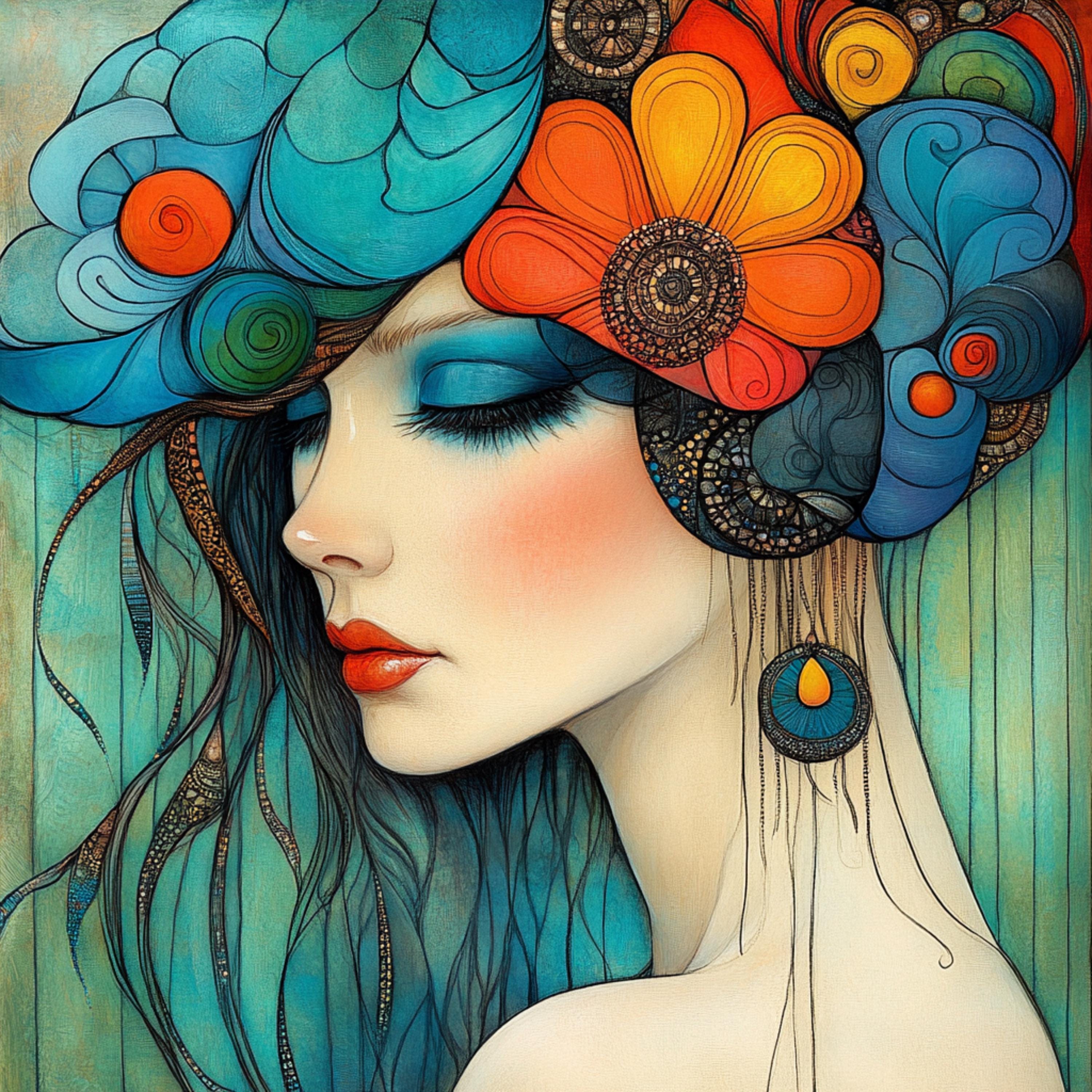 20 Blue Boho Female Portrait Digital Download, 20 Large Square Wall Art Prints, Vibrant Bohemian Woman Art Decor, Instant Download