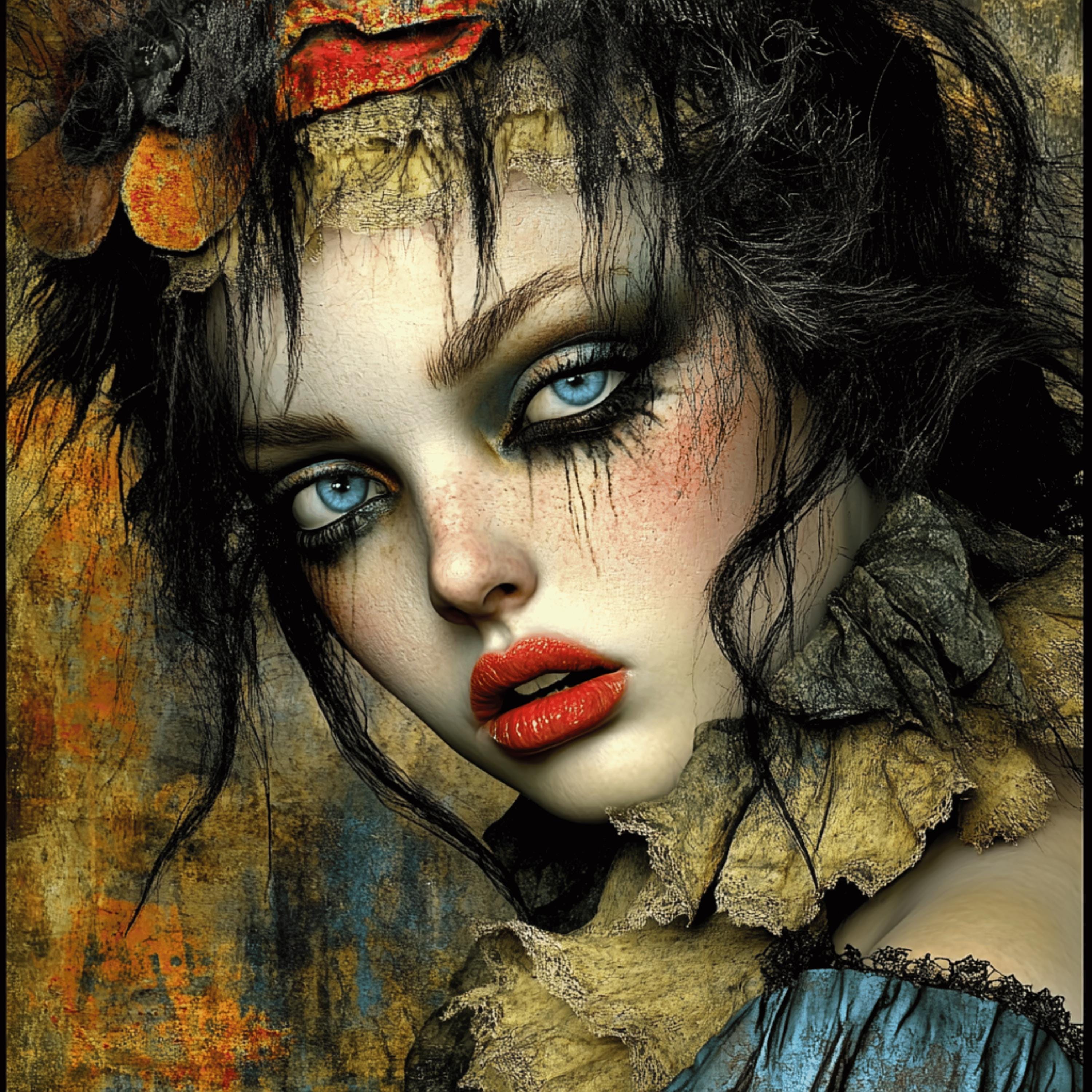 10 digital images, grunge boho female portrait, large square artwork, overthebed art poster, eclectic wall decor
