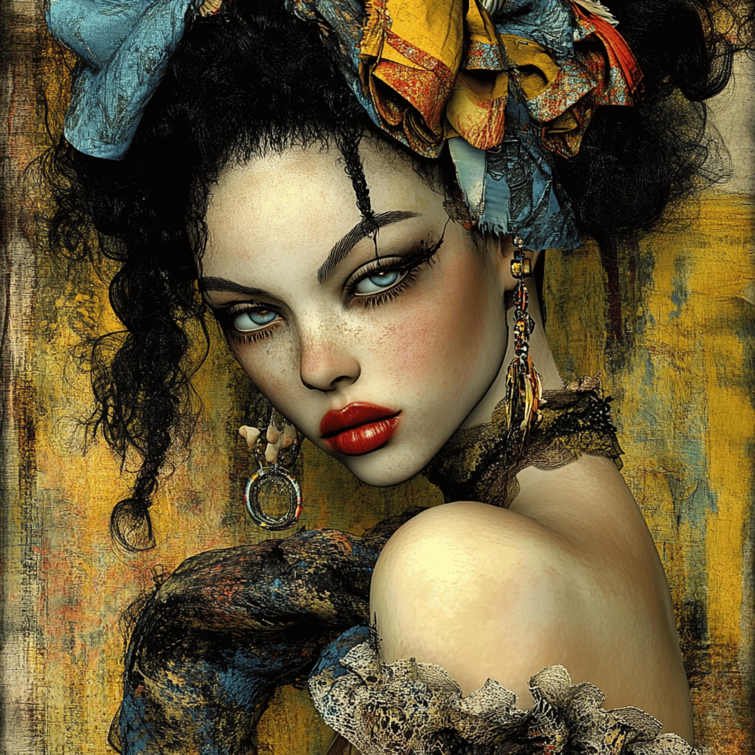 10 digital images, grunge boho female portrait, large square artwork, overthebed art poster, eclectic wall decor