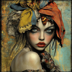 10 digital images, grunge boho female portrait, large square artwork, overthebed art poster, eclectic wall decor