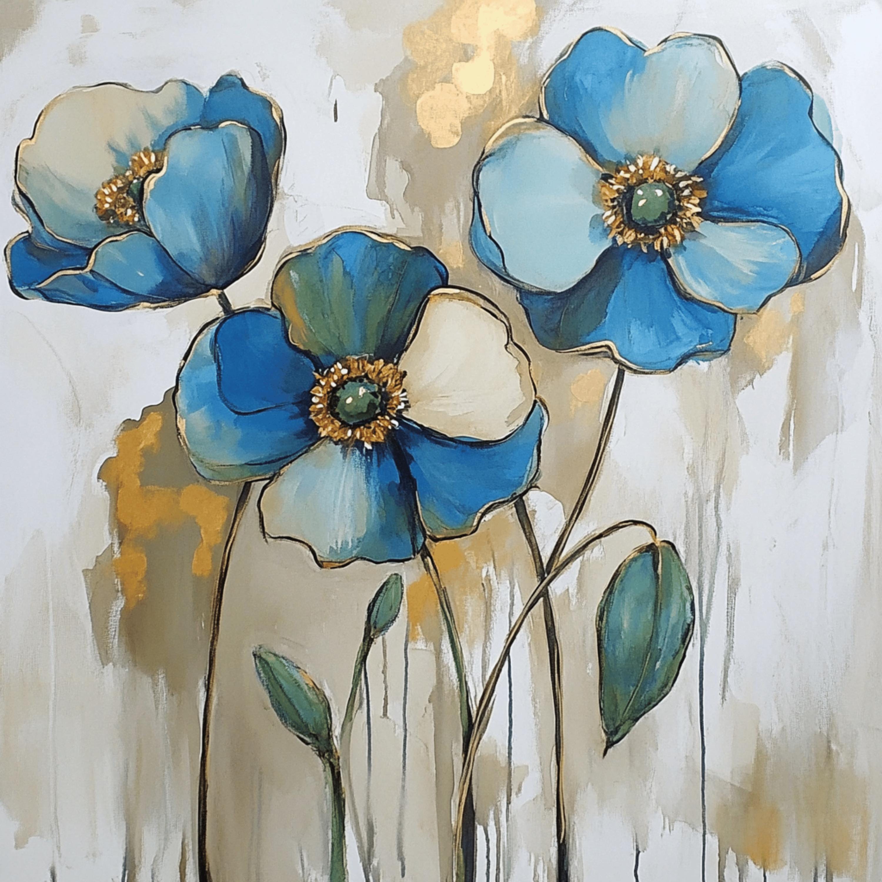 12 Blue Poppies Digital Art Set, Floral Artwork Collection, 12 Digital Images, large Square Poster Art, Wall Decor for Living Room