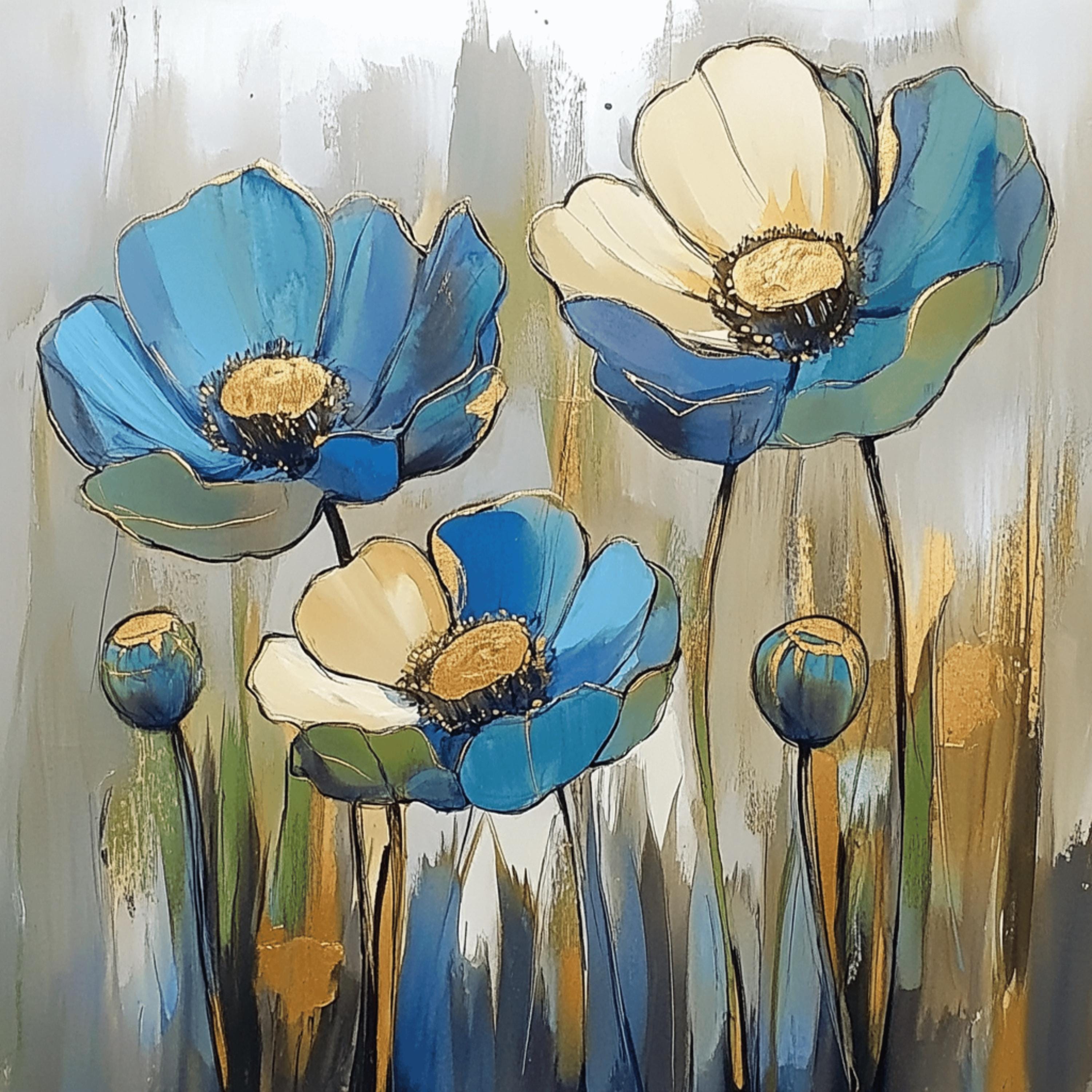 12 Blue Poppies Digital Art Set, Floral Artwork Collection, 12 Digital Images, large Square Poster Art, Wall Decor for Living Room