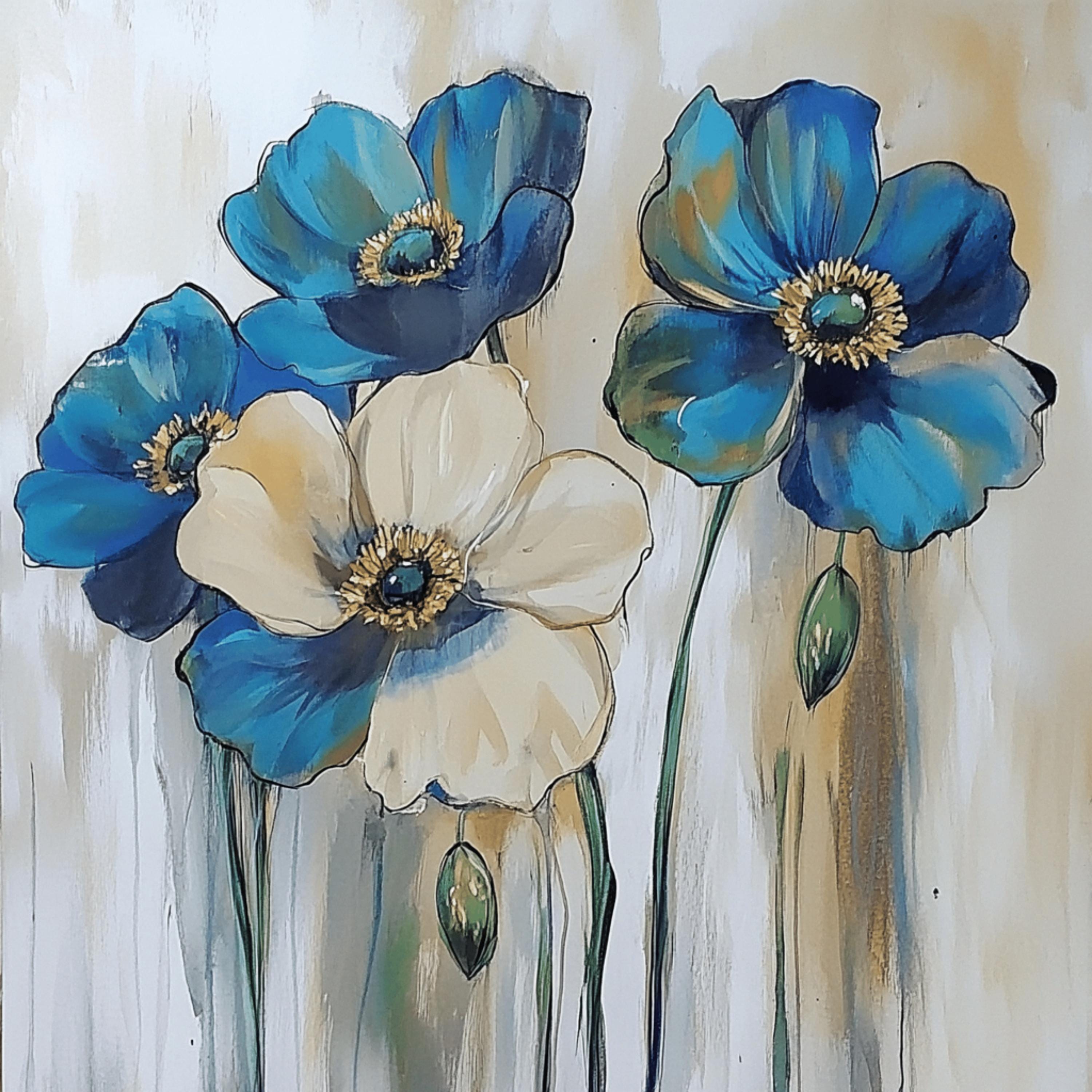 12 Blue Poppies Digital Art Set, Floral Artwork Collection, 12 Digital Images, large Square Poster Art, Wall Decor for Living Room