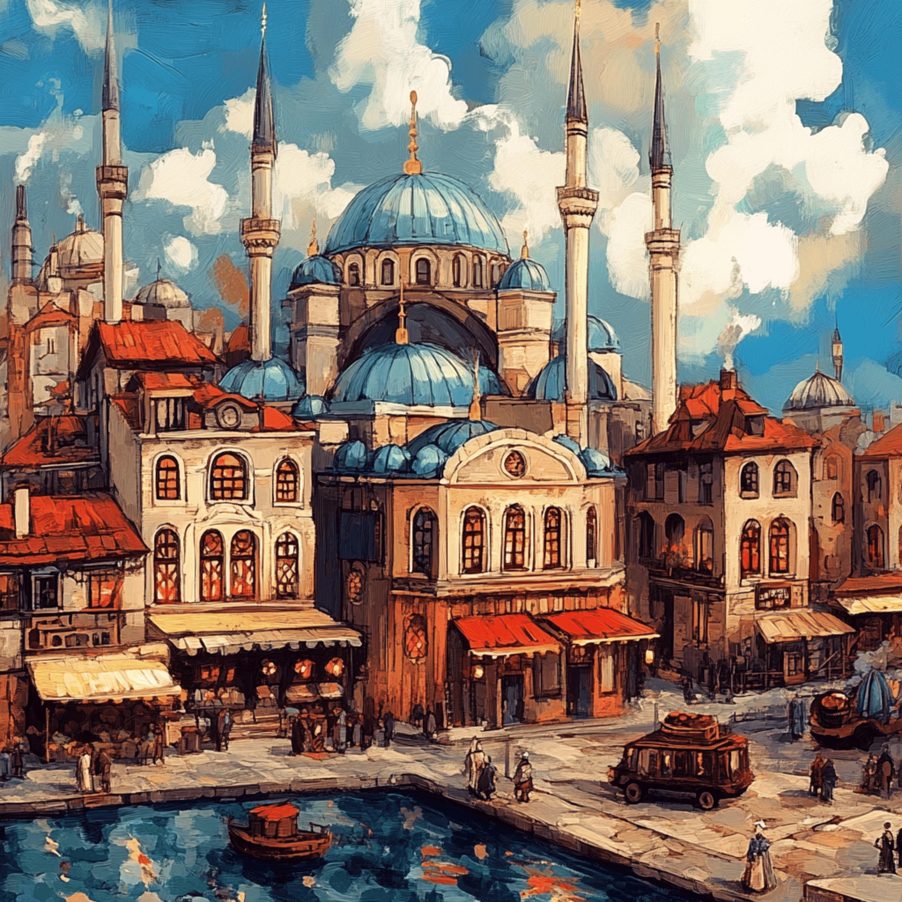 70 Istanbul Artwork Poster, 70 Digital Images, Large Square Art Print, Cityscape Painting, Vibrant Wall Decor, Boats and Mosque Illustration