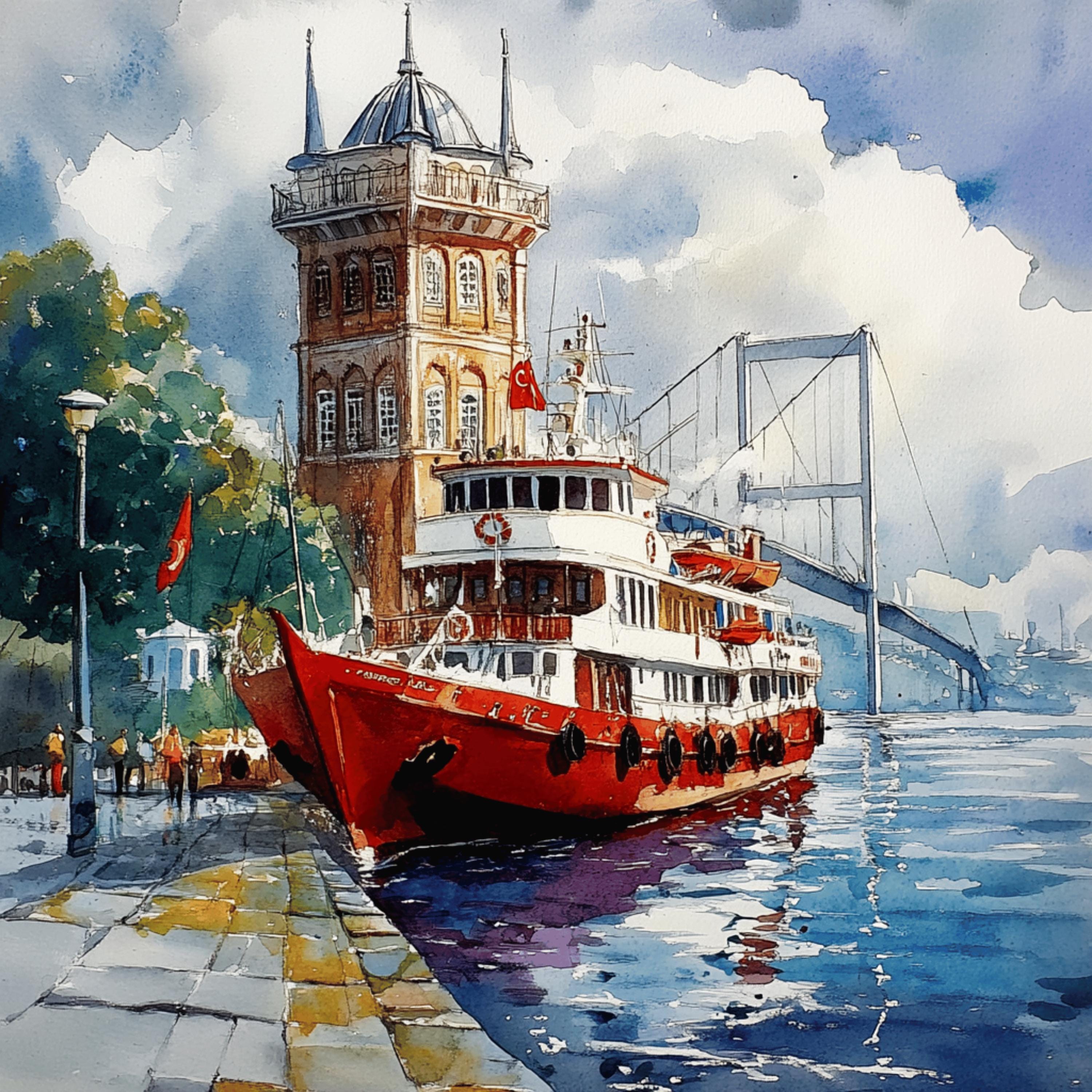 70 Istanbul Artwork Poster, 70 Digital Images, Large Square Art Print, Cityscape Painting, Vibrant Wall Decor, Boats and Mosque Illustration