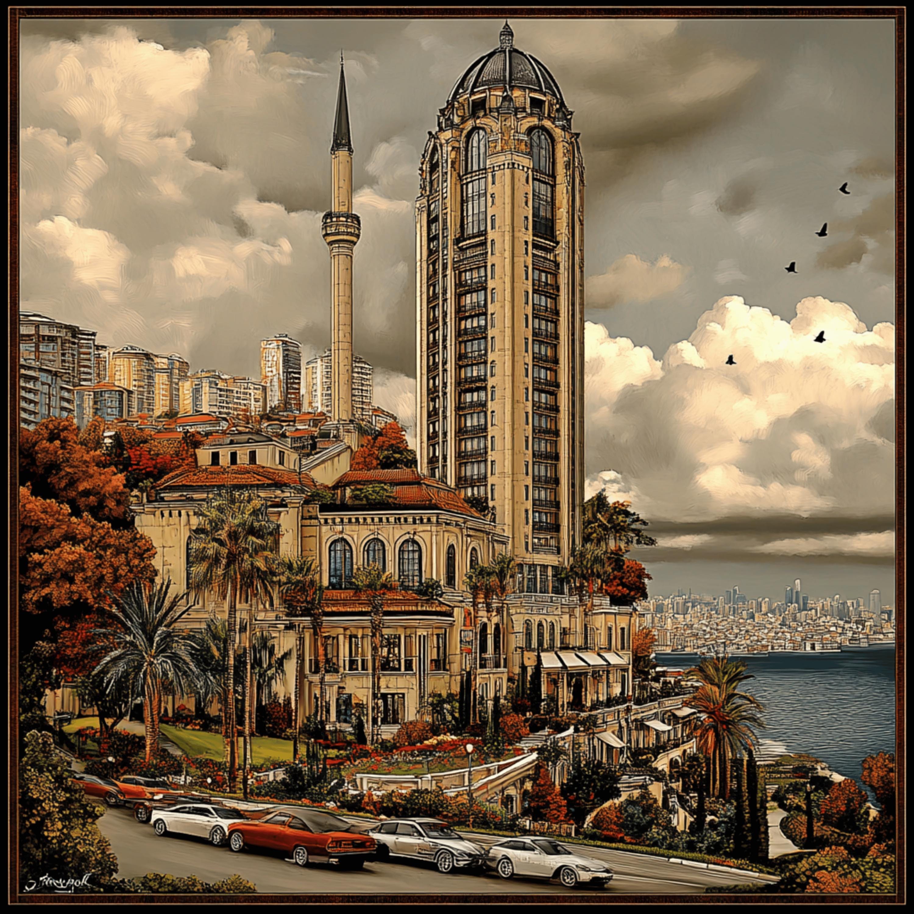 70 Istanbul Artwork Poster, 70 Digital Images, Large Square Art Print, Cityscape Painting, Vibrant Wall Decor, Boats and Mosque Illustration