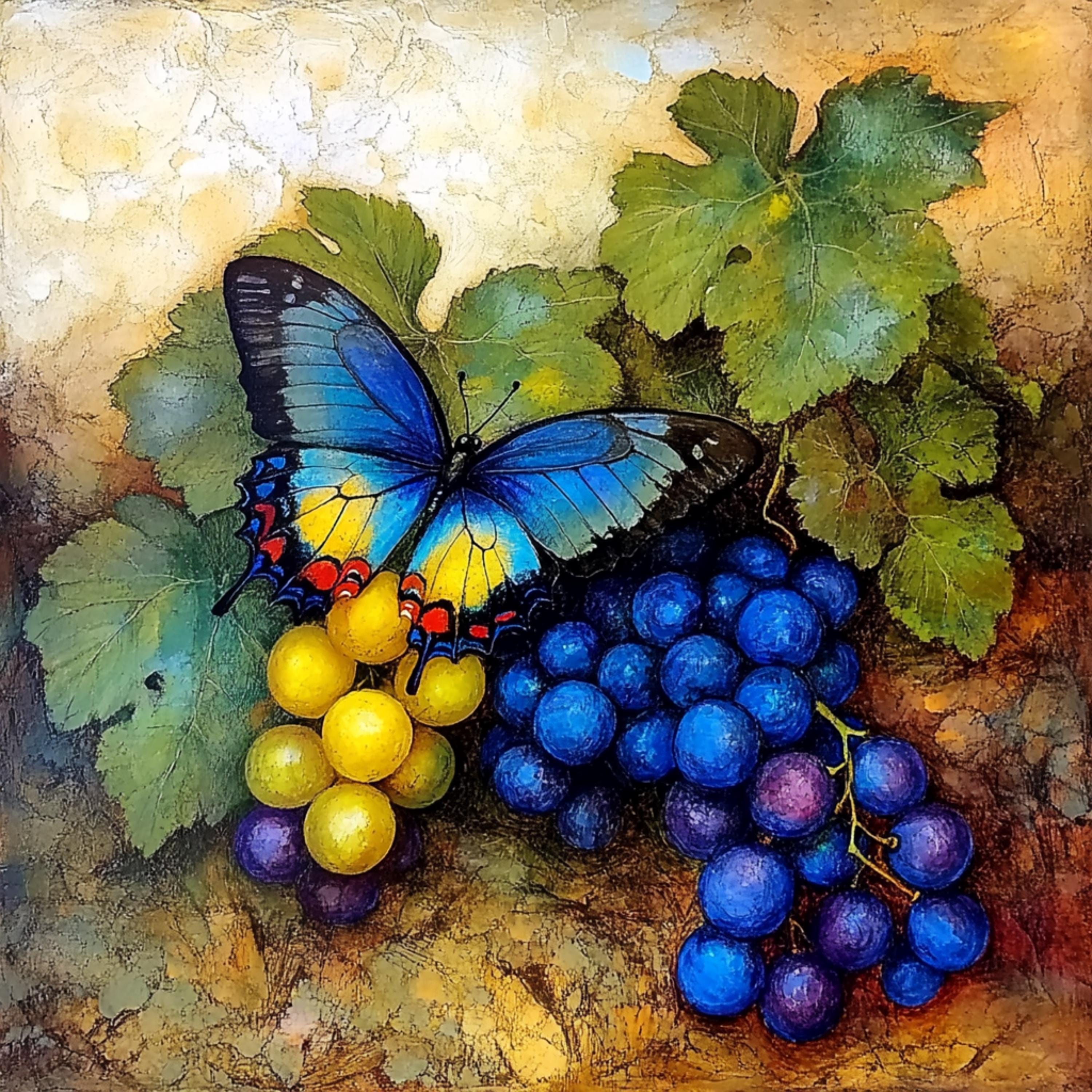 12 Butterfly Grapevine Art Print, Large Square Wall Decor, Living Room Poster, Blue Butterfly Grape Art, Digital Download