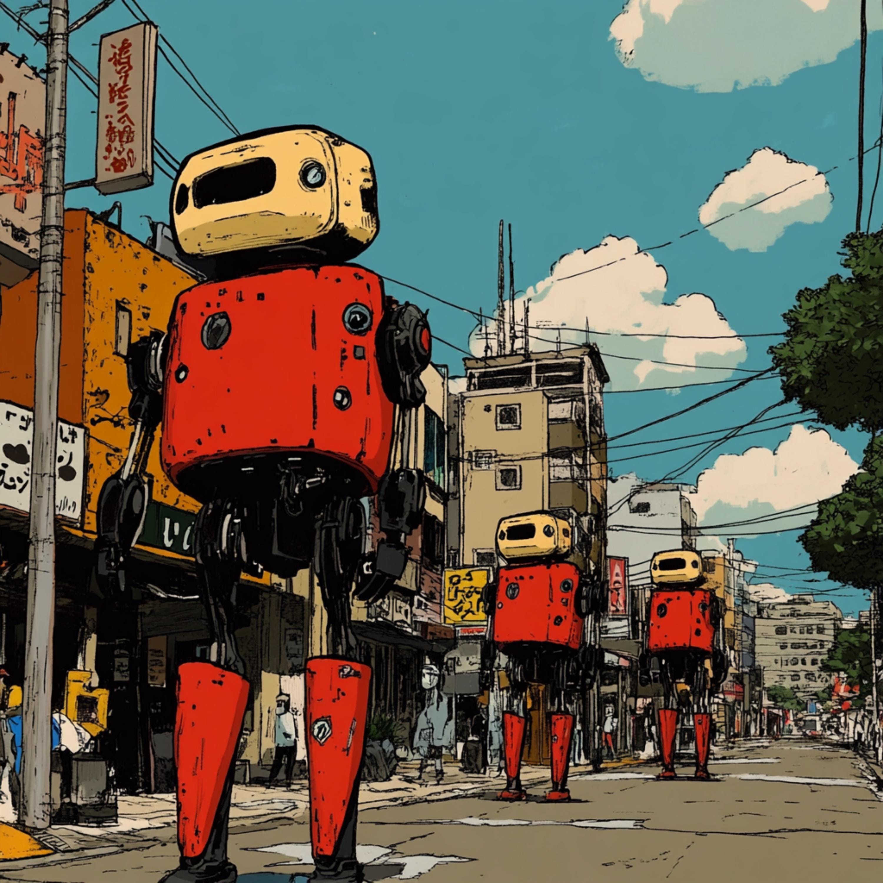 12 Retro Robots Digital Art Set, Cityscape Digital Poster, Urban Sci-Fi Art Print, Robot Illustration Large Square Artwork, Digital Download