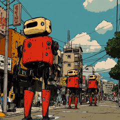 12 Retro Robots Digital Art Set, Cityscape Digital Poster, Urban Sci-Fi Art Print, Robot Illustration Large Square Artwork, Digital Download