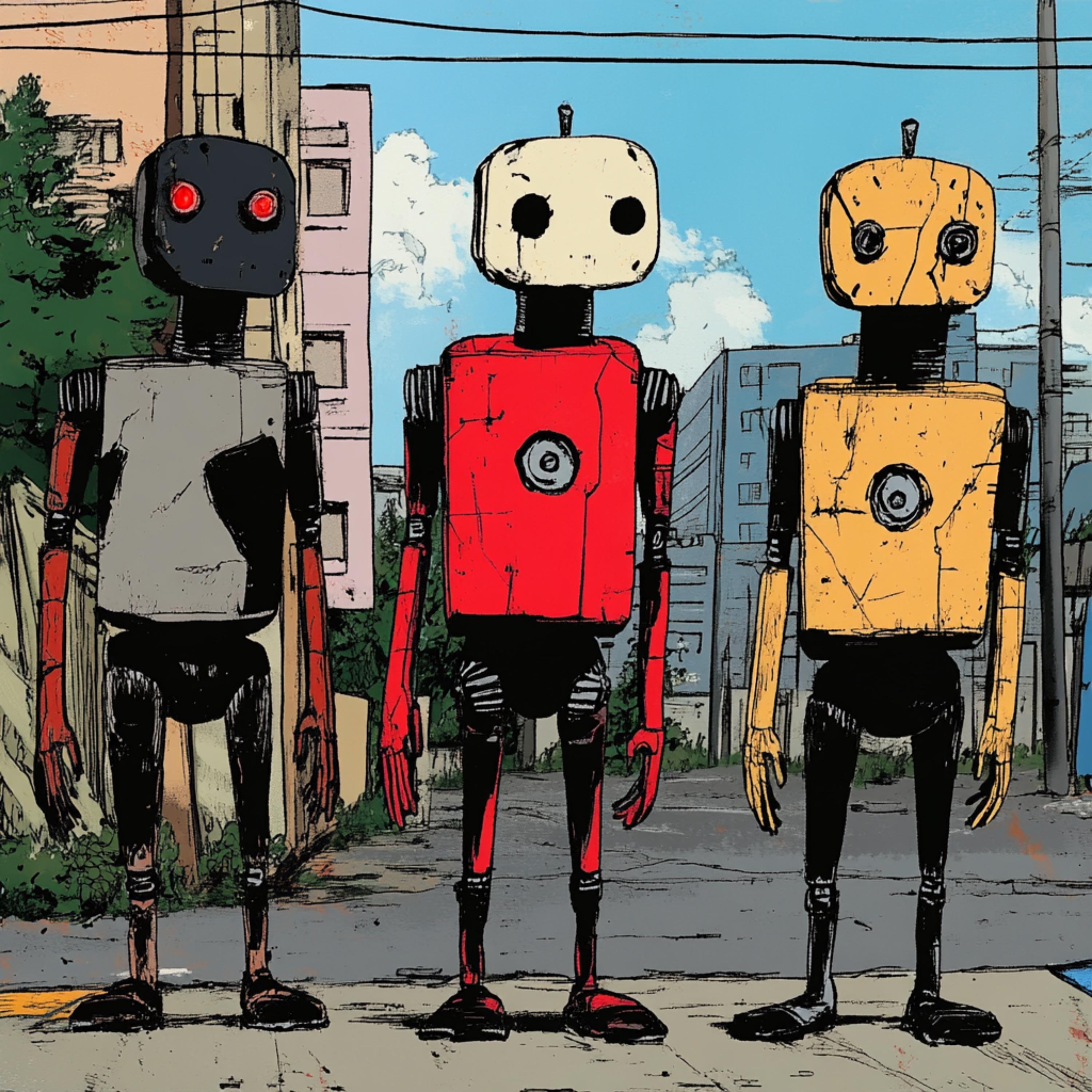12 Retro Robots Digital Art Set, Cityscape Digital Poster, Urban Sci-Fi Art Print, Robot Illustration Large Square Artwork, Digital Download