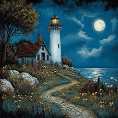 25 digital images, lighthouse at night, large square moody artwork, poster art, serene sea view, nautical wall decor, moonlit lighthouse