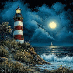 25 digital images, lighthouse at night, large square moody artwork, poster art, serene sea view, nautical wall decor, moonlit lighthouse