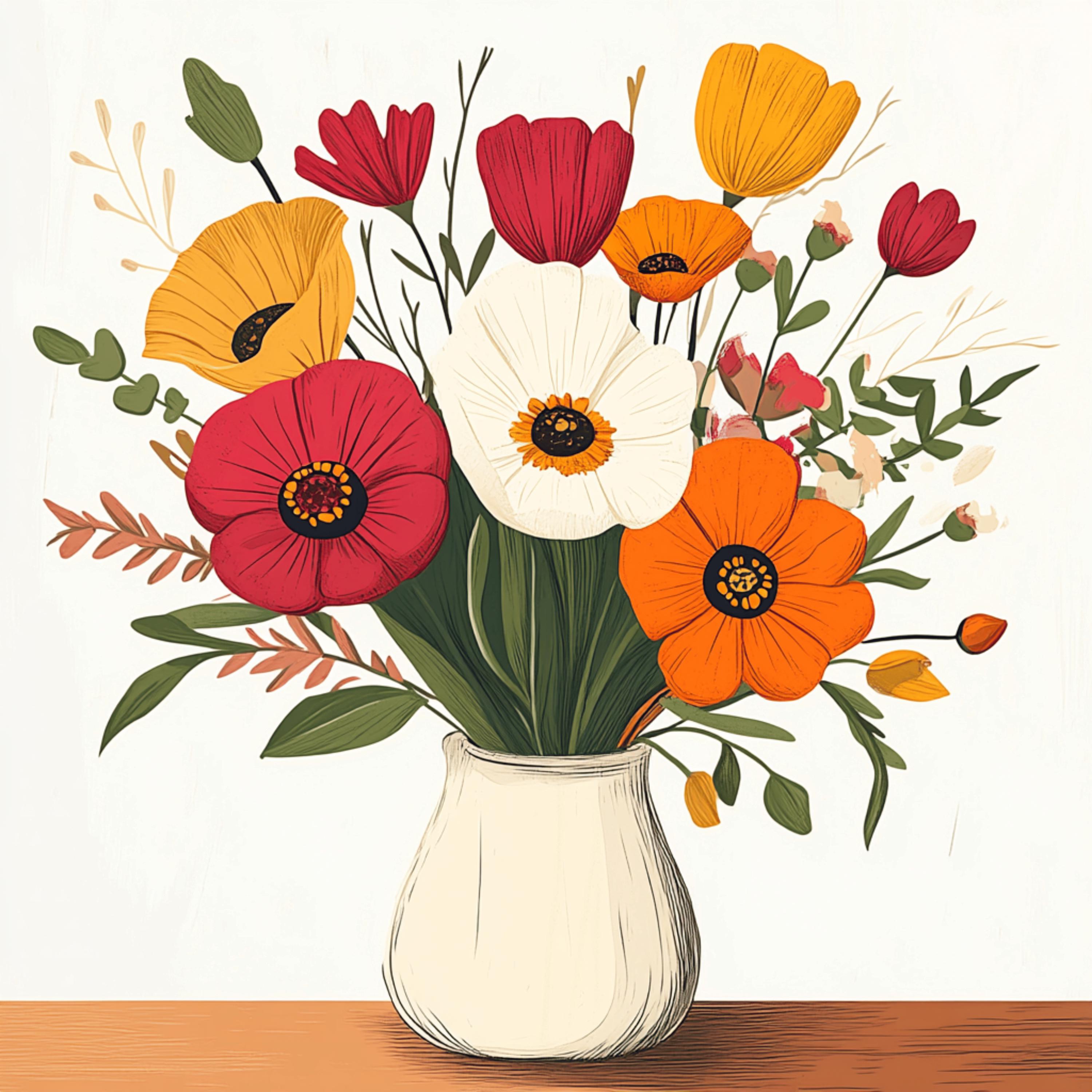 49 digital images, flowers in a vase, modern contemporary artwork, floral, boho, large square art poster, vibrant home decor