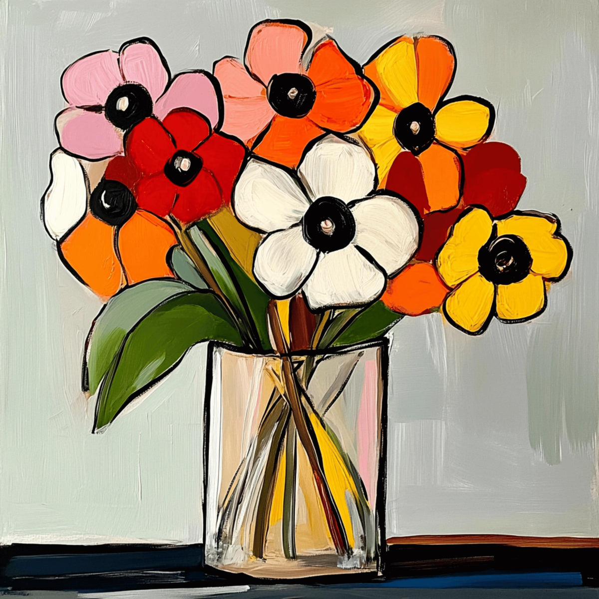 49 digital images, flowers in a vase, modern contemporary artwork, floral, boho, large square art poster, vibrant home decor