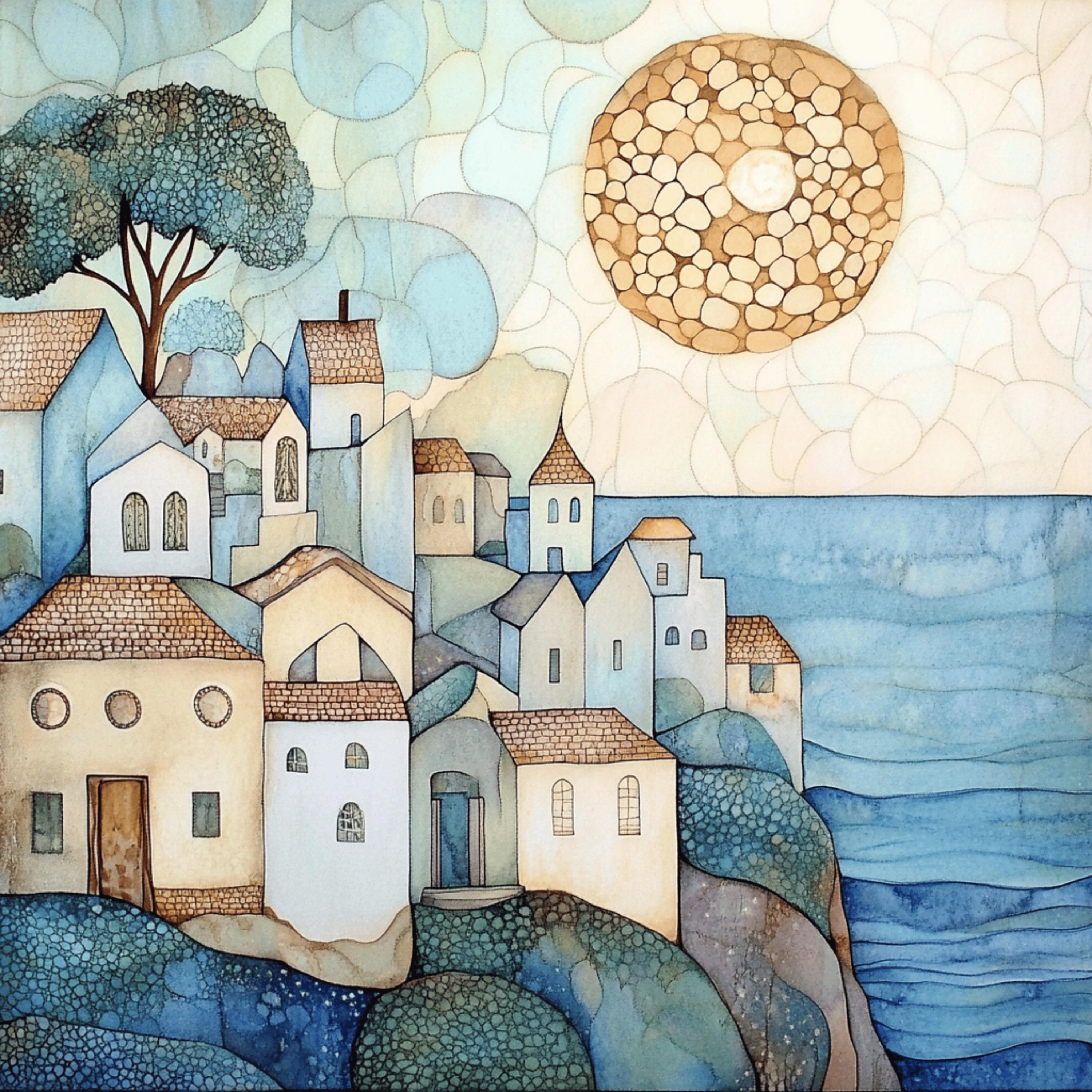 12 Pastel blue cream abstract Greek village digital art, 12 digital images of Greek village, large square poster artwork, wall decor