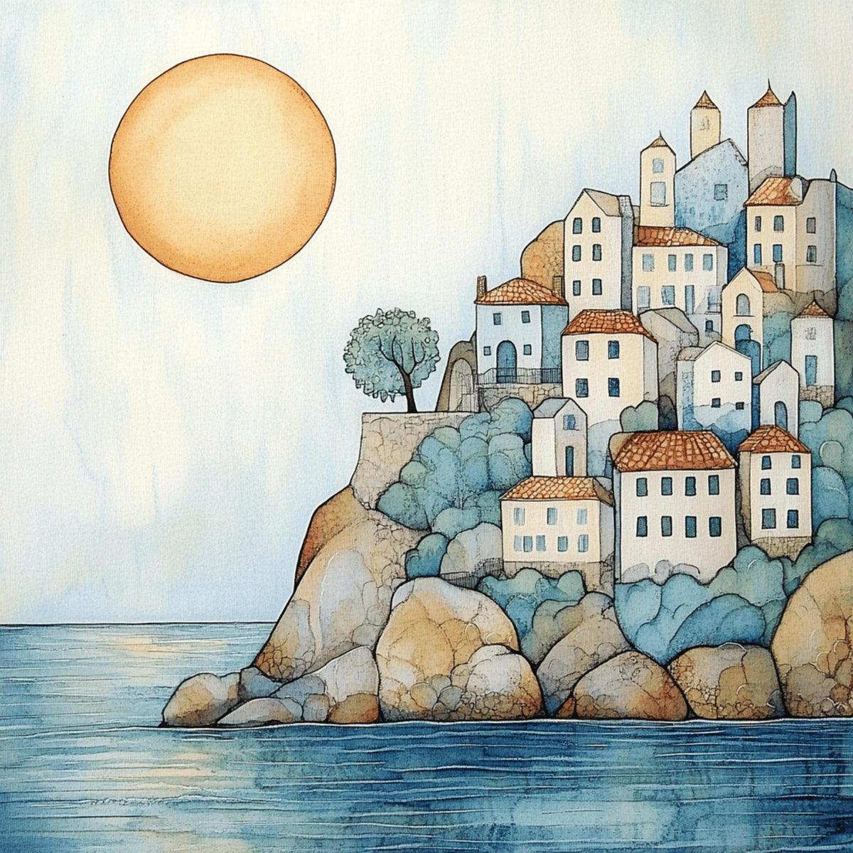 12 Pastel blue cream abstract Greek village digital art, 12 digital images of Greek village, large square poster artwork, wall decor
