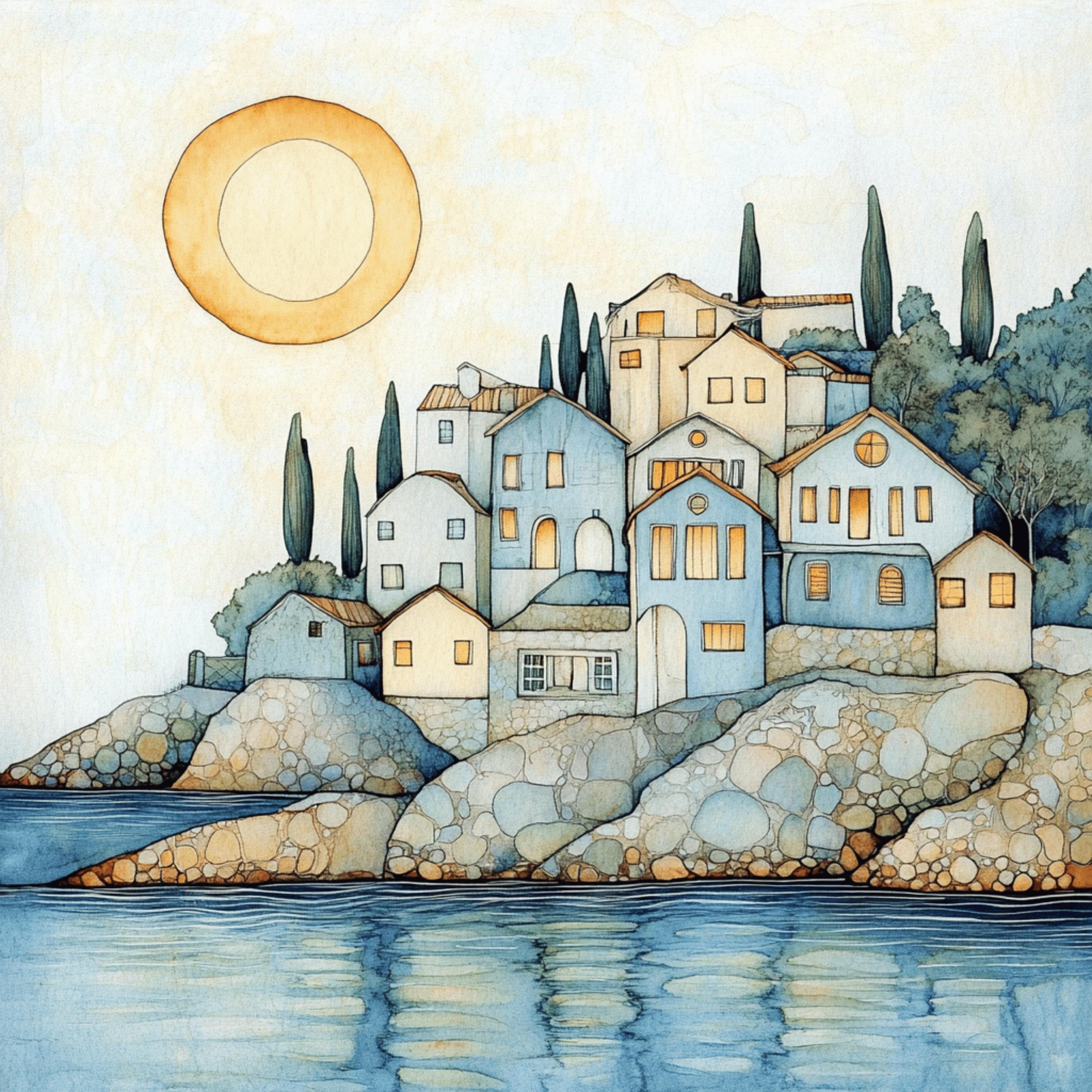 12 Pastel blue cream abstract Greek village digital art, 12 digital images of Greek village, large square poster artwork, wall decor