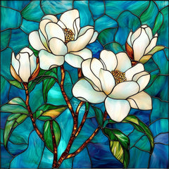 15 digital images, white magnolia flower in blue stained glass large square artwork poster set garden decor wall art floral print