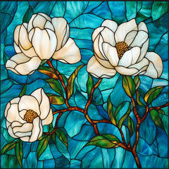 15 digital images, white magnolia flower in blue stained glass large square artwork poster set garden decor wall art floral print
