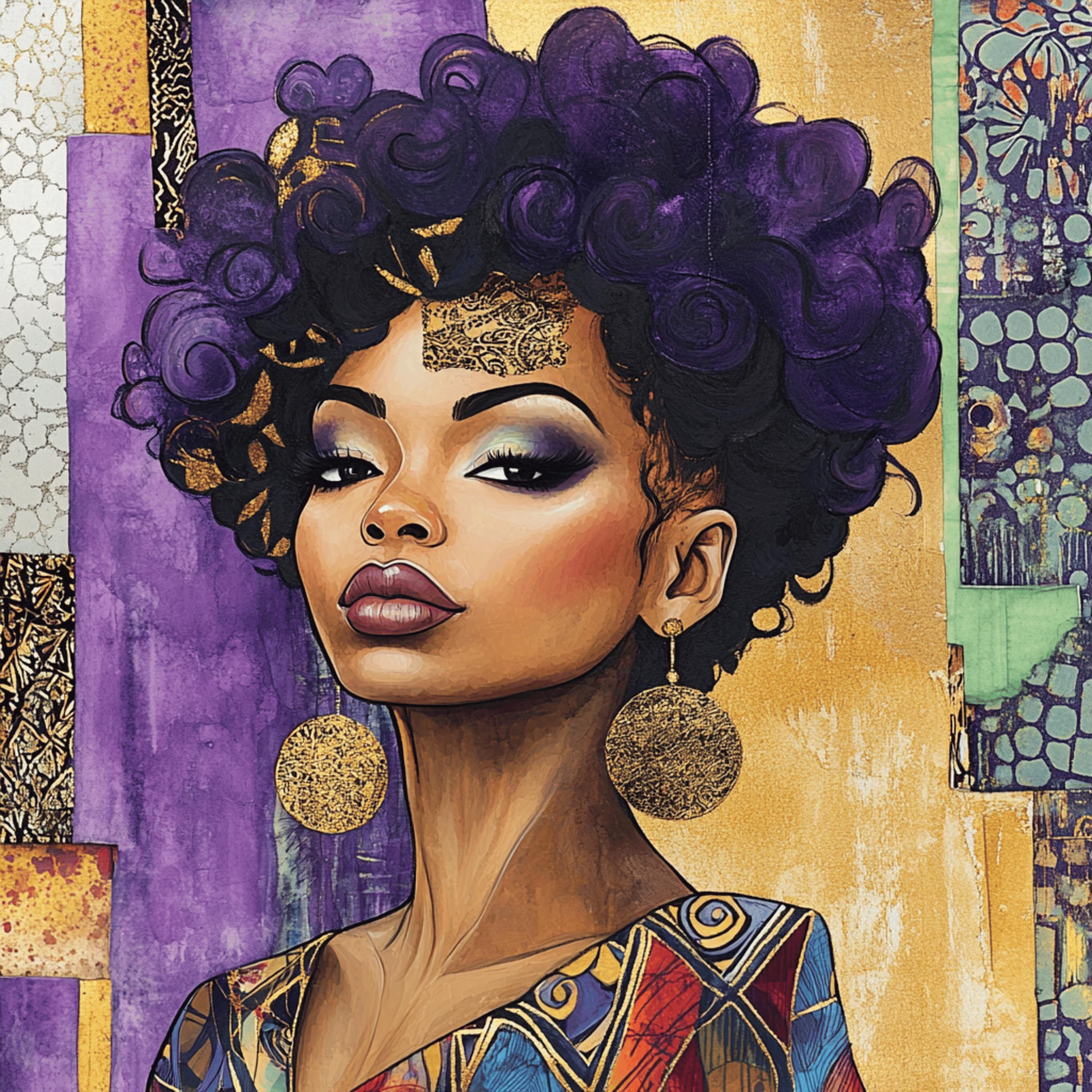 12 Vibrant black woman portrait digital art, Female collage artwork, Square poster, Large purple artistic print, Unique wall decor