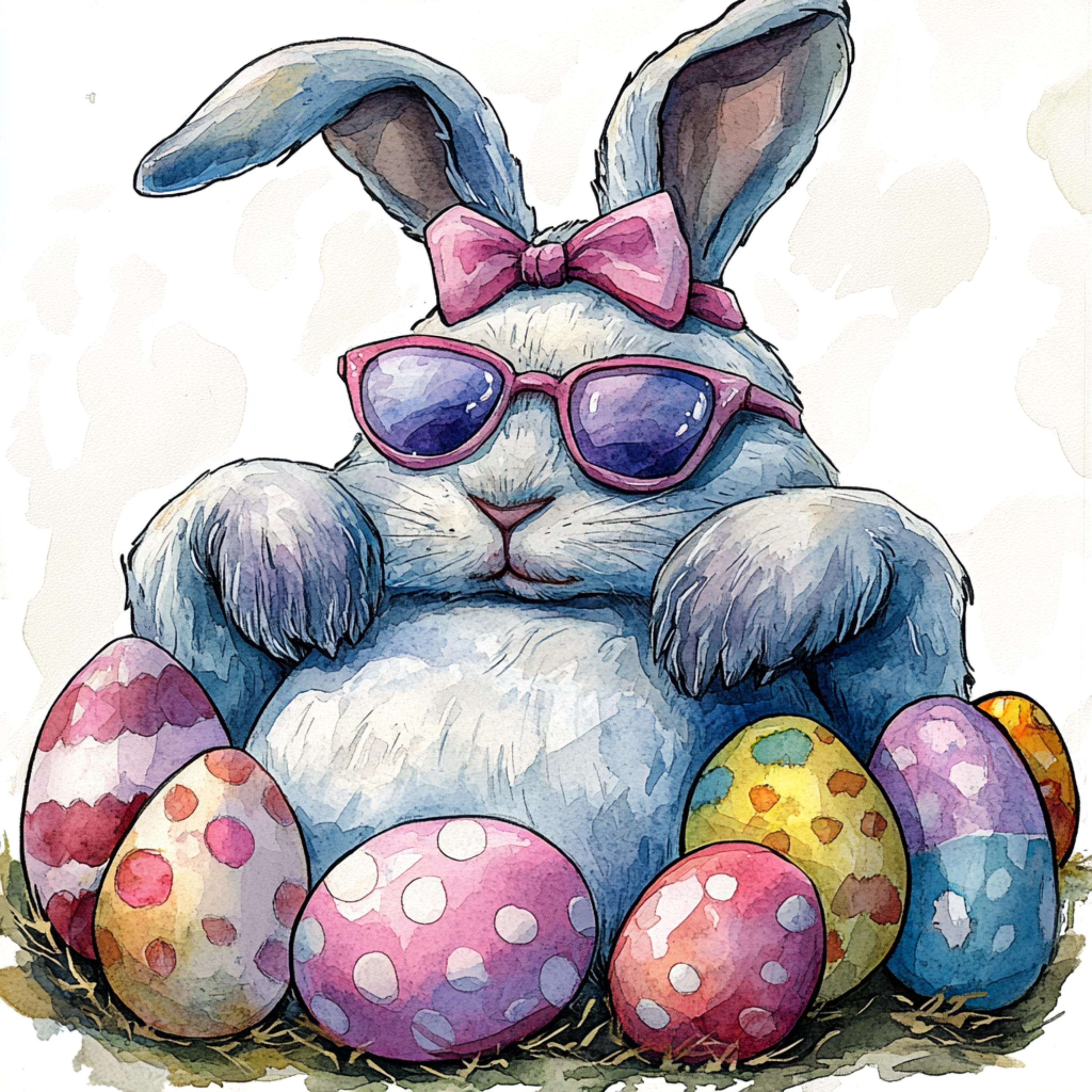 12 Cute Easter Bunny Wall Art, Rabbit with Easter Eggs Print, Spring Equinox Digital Download, 12 Digital Images, Ostara Decoration