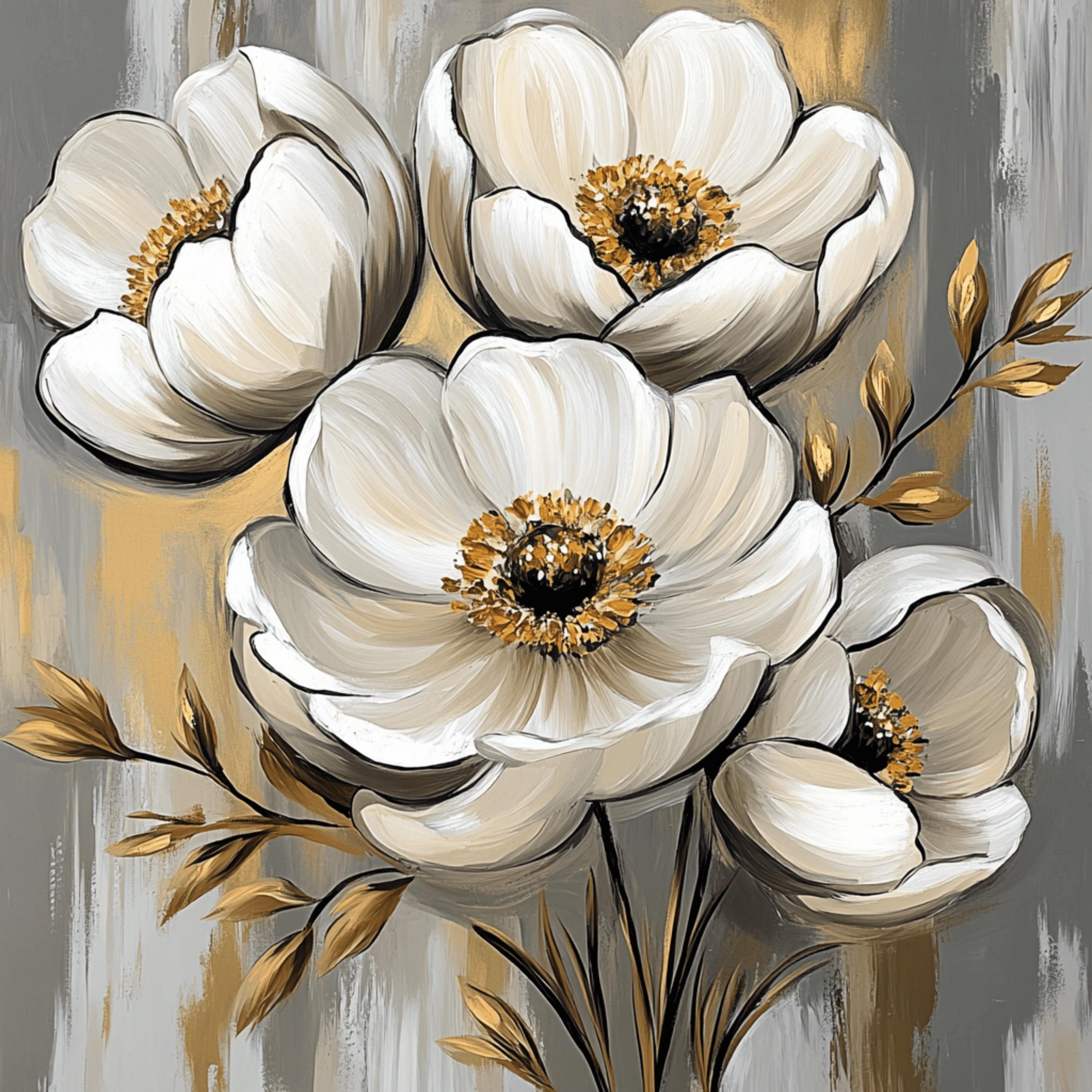 12 White Gold Flowers Wall Art, Large Square Floral Print, Over the Bed Artwork, Digital Download, Modern Home Decor, Bedroom Wall Poster