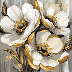 12 White Gold Flowers Wall Art, Large Square Floral Print, Over the Bed Artwork, Digital Download, Modern Home Decor, Bedroom Wall Poster