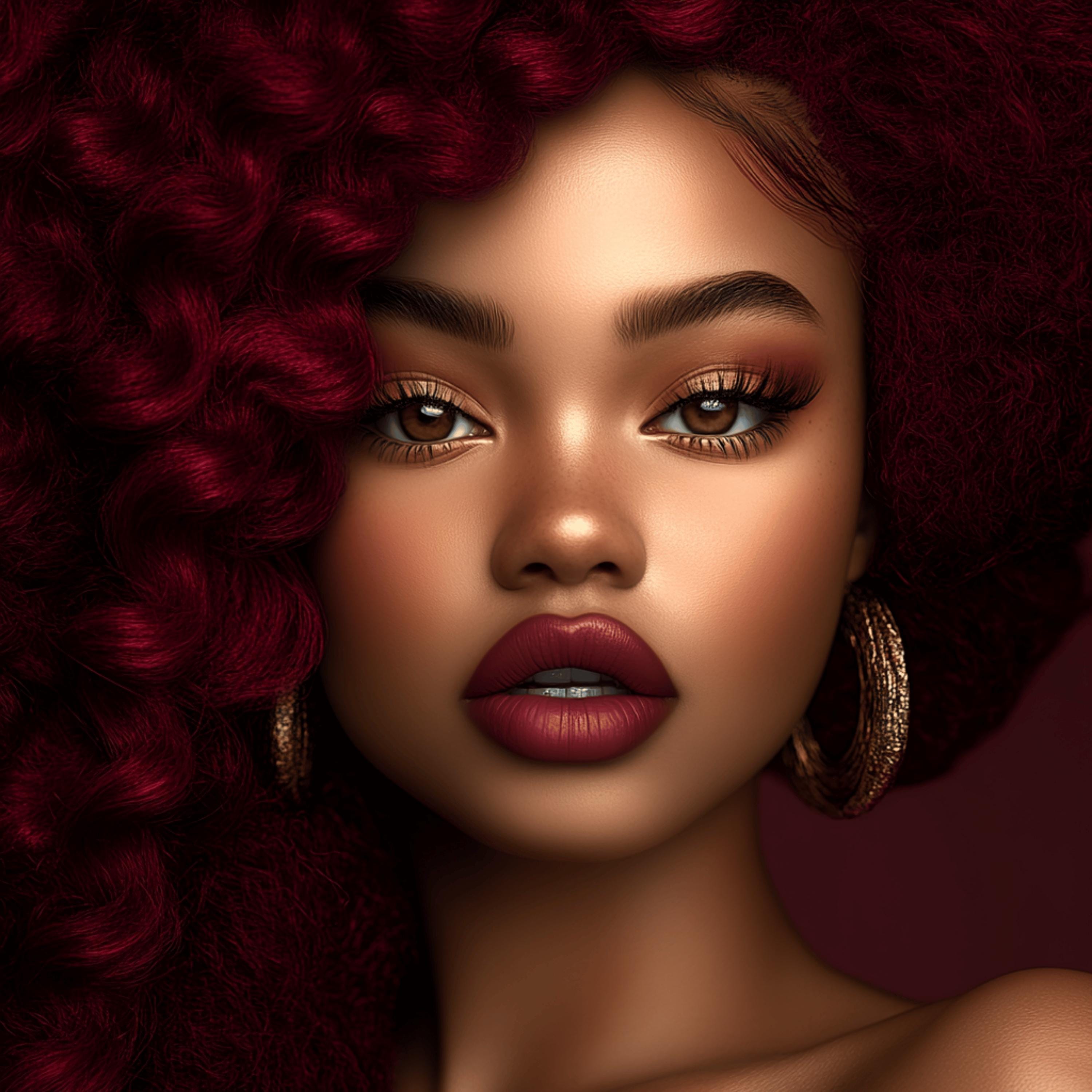 11 Fashionable female portrait art, Digital artwork of black woman, Large square wall decor, Red hair beauty, Stylish home decor