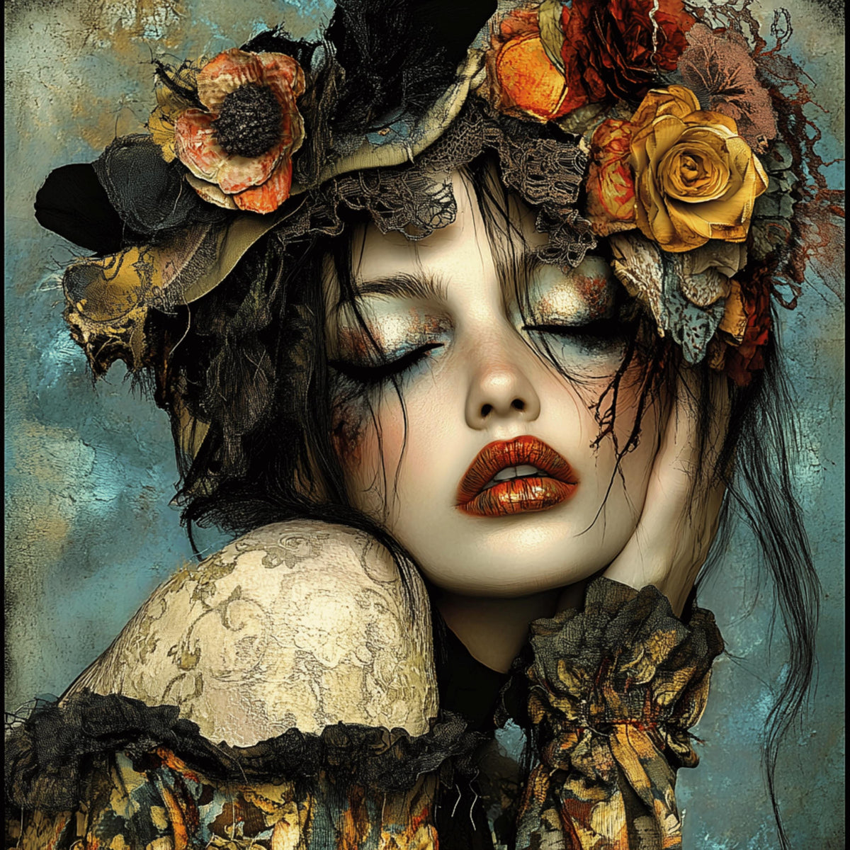 10 digital images, grunge boho female portrait, large square artwork, overthebed art poster, eclectic wall decor