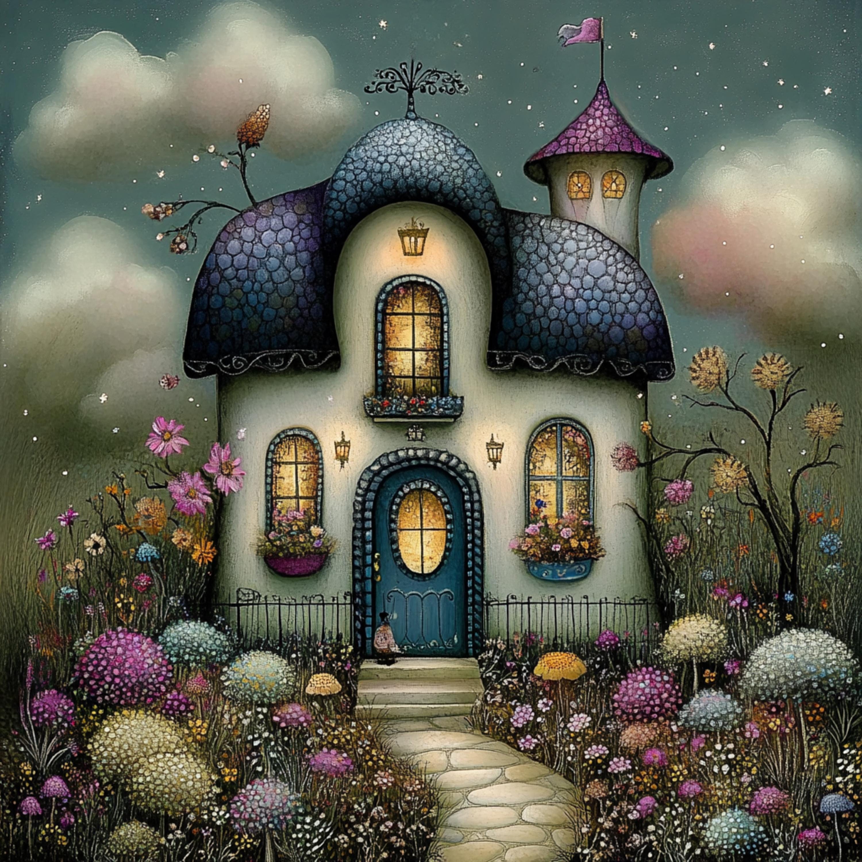 12 Whimsical houses digital artwork set, Square wall art poster for kids playroom, Large nursery bedroom decor, Fairy house digital images.