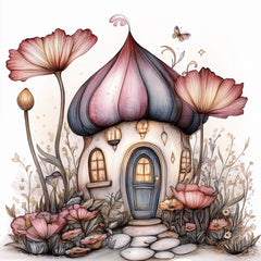 25 digital images, pink whimsical fairy floral houses, large square artwork poster, kids art, playroom nursery magical